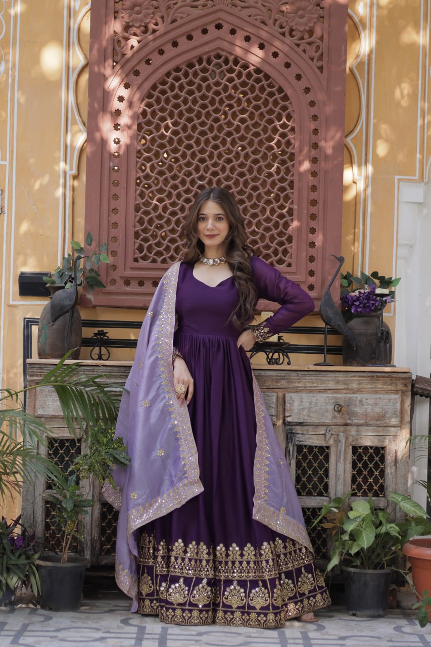 Eloriya Minisa Designer Embroidered Zari Sequins Work Gown - 2XL [44] | Eloriya India