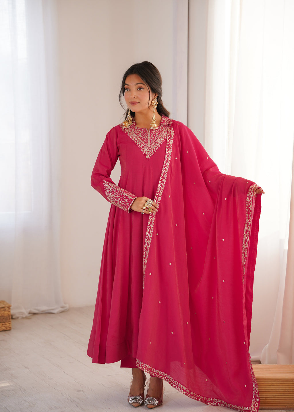 Eloriya Luxury Heavy Roman Shimmer Silk Designer Anarkali Suit Set - XS [34] | Eloriya India