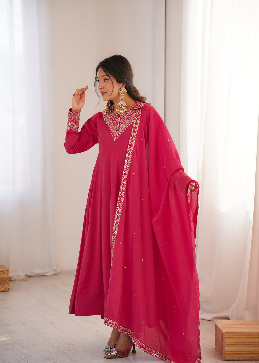 Eloriya Luxury Heavy Roman Shimmer Silk Designer Anarkali Suit Set - M [38] | Eloriya India