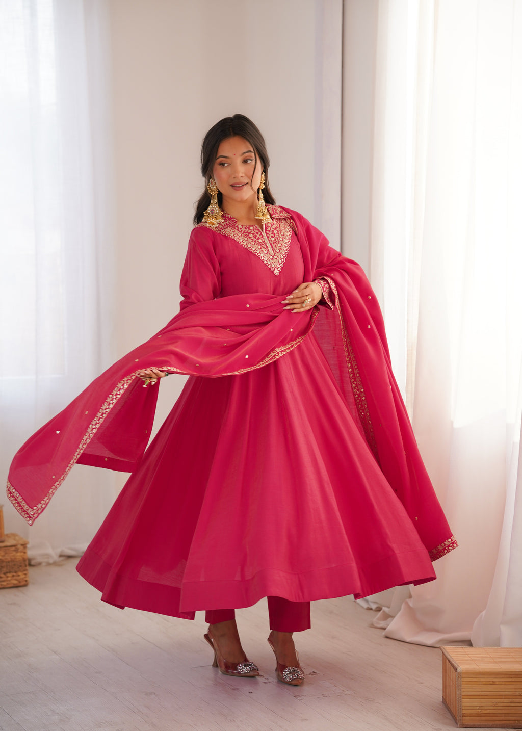 Eloriya Luxury Heavy Roman Shimmer Silk Designer Anarkali Suit Set - 2XL [44] | Eloriya India