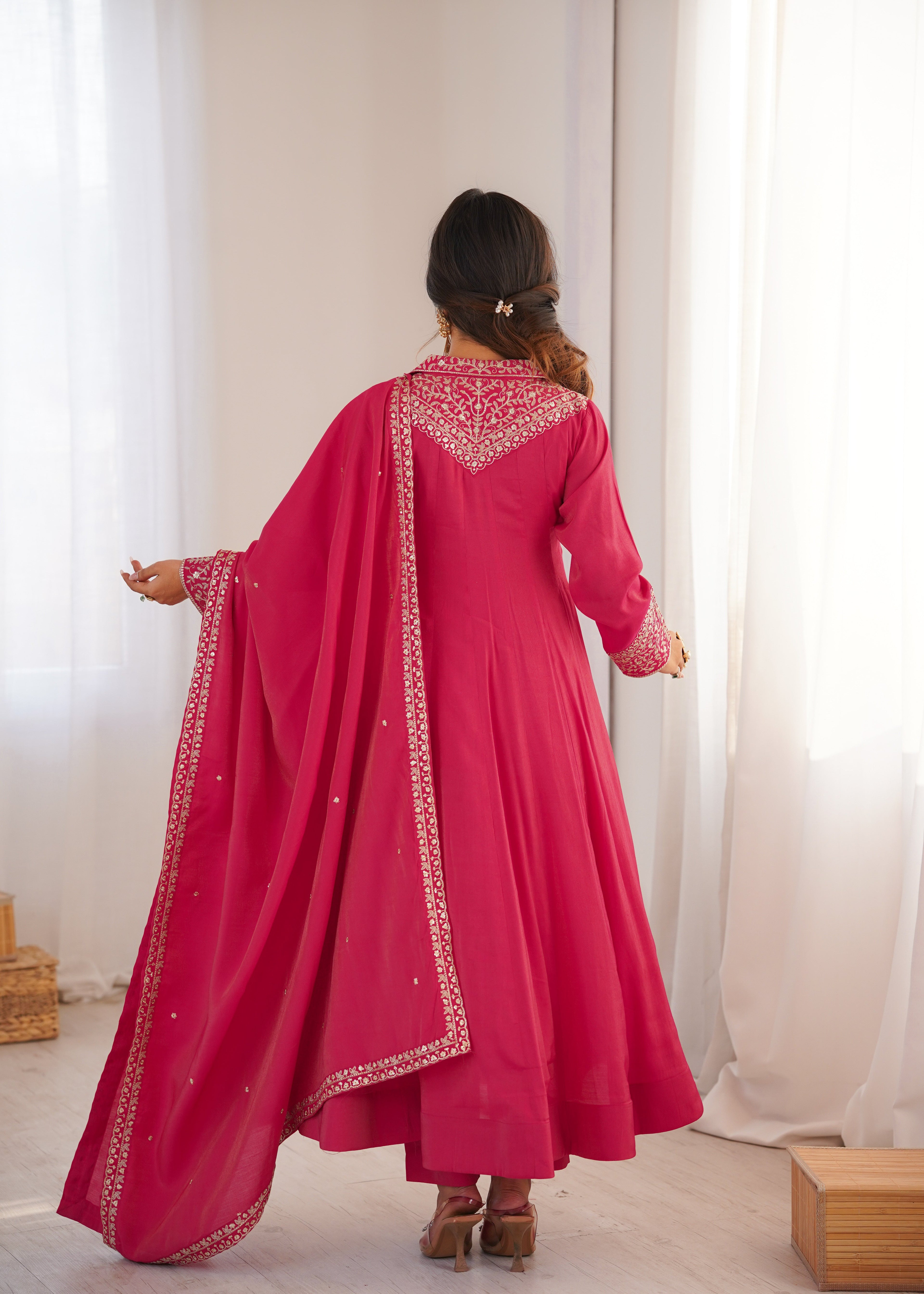 Eloriya Luxury Heavy Roman Shimmer Silk Designer Anarkali Suit Set - L [40] | Eloriya India