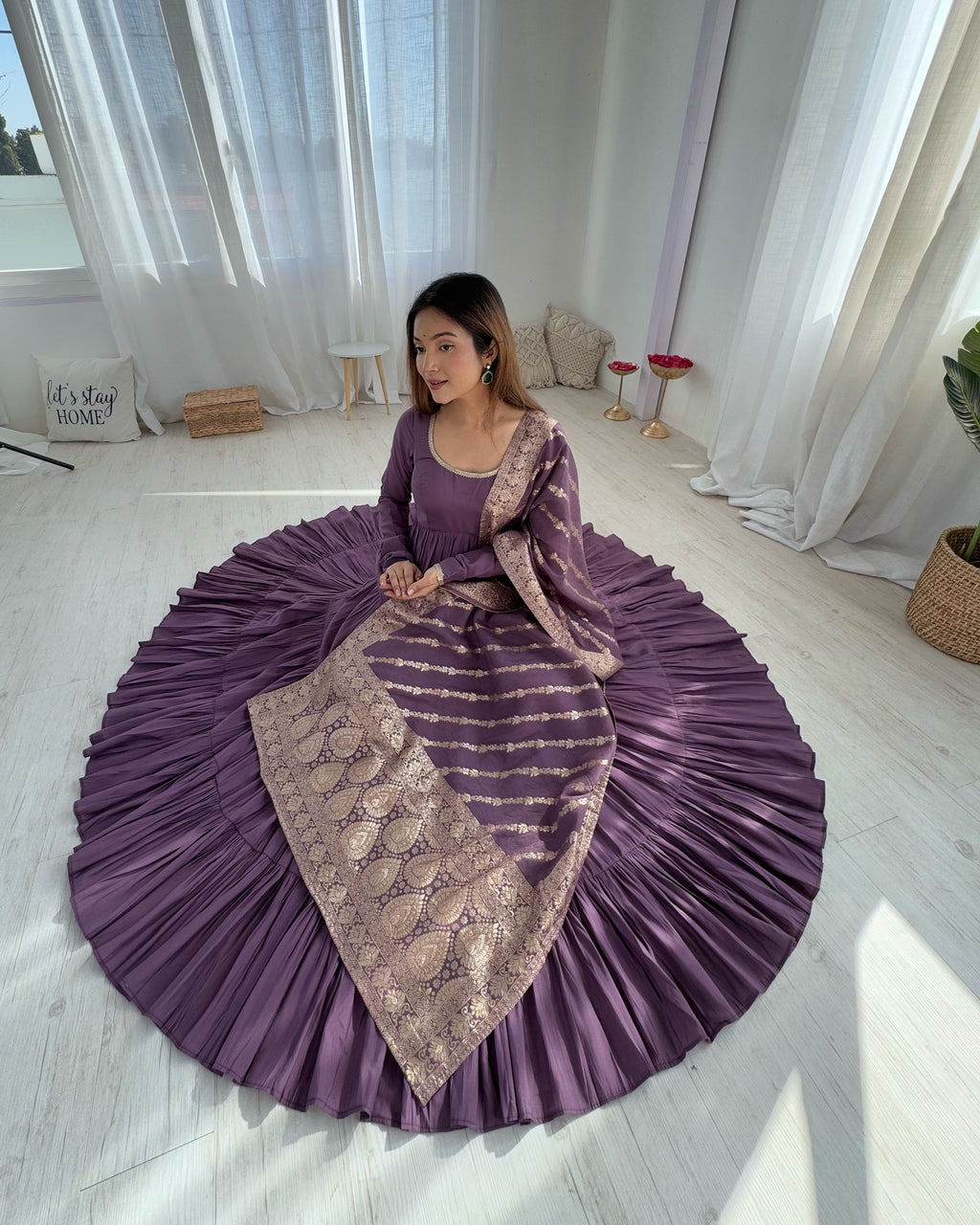 Eloriya Premium Quality Roman Silk Dusty Anarkali Suit Set - XS [34] | Eloriya India