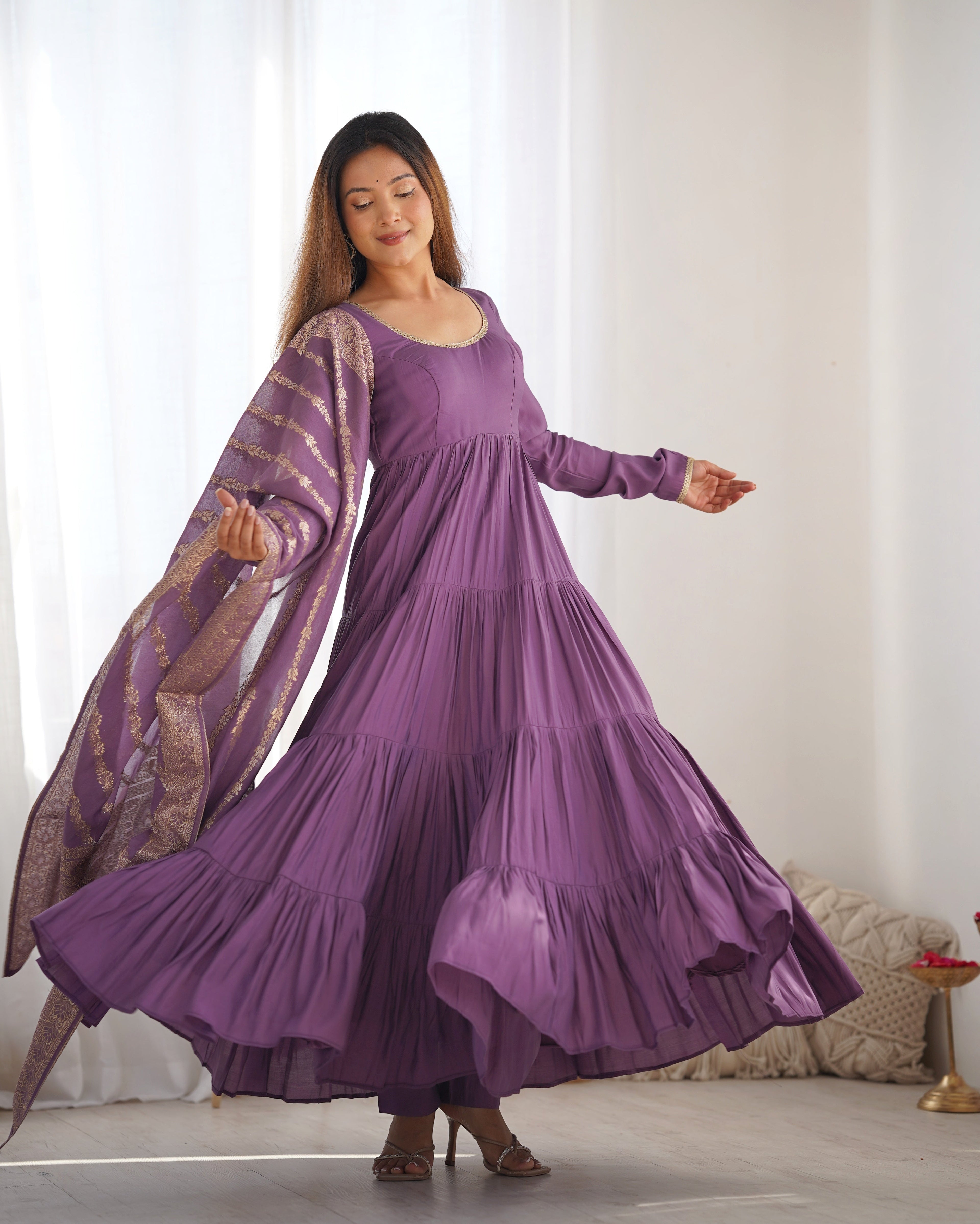Eloriya Premium Quality Roman Silk Dusty Anarkali Suit Set - XL [42] | Eloriya India