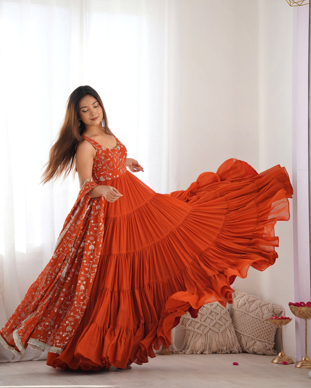 Eloriya Premium Quality 5 Layers Orange Anarkali Suit Set - M [38] | Eloriya India