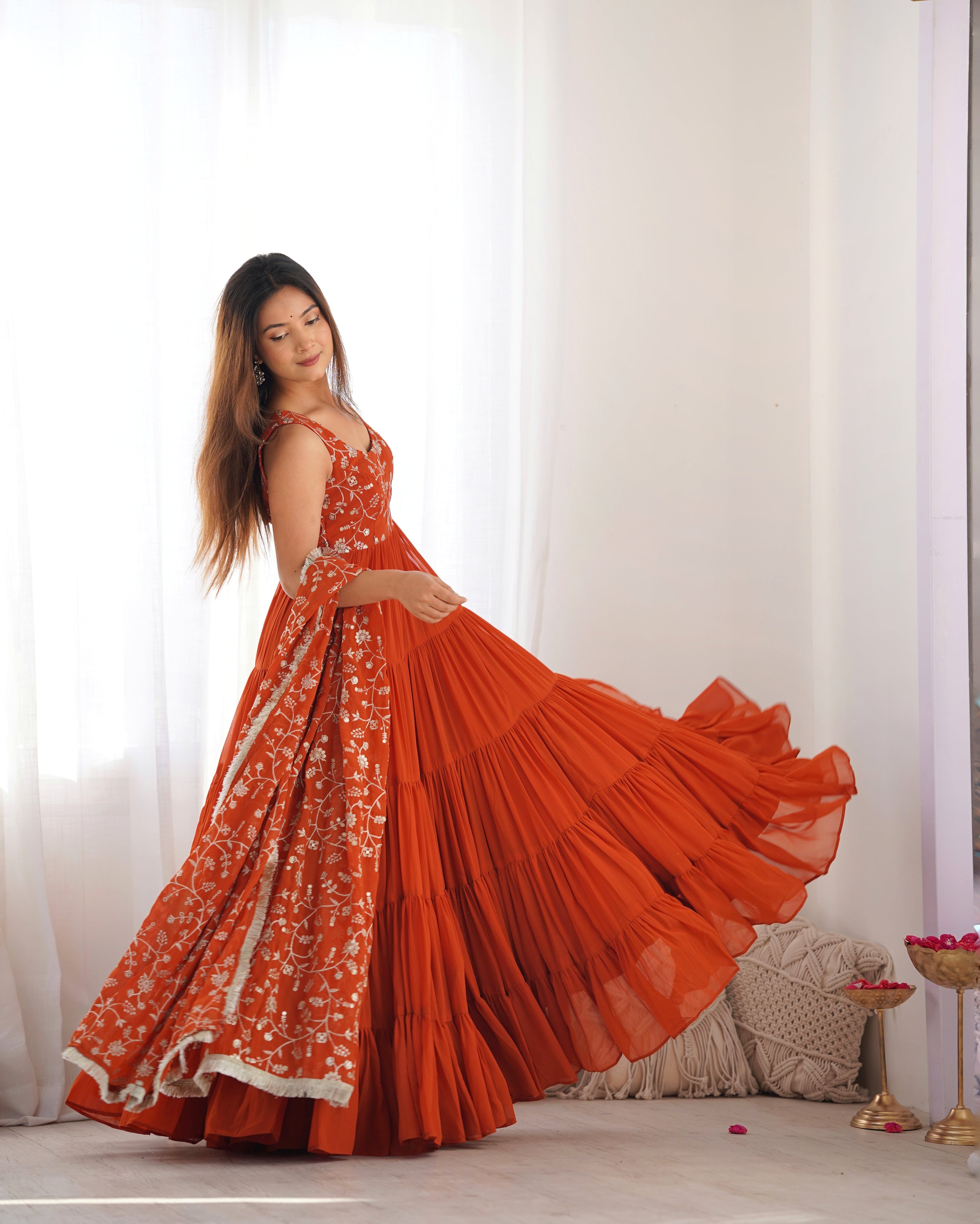 Eloriya Premium Quality 5 Layers Orange Anarkali Suit Set - XL [42] | Eloriya India