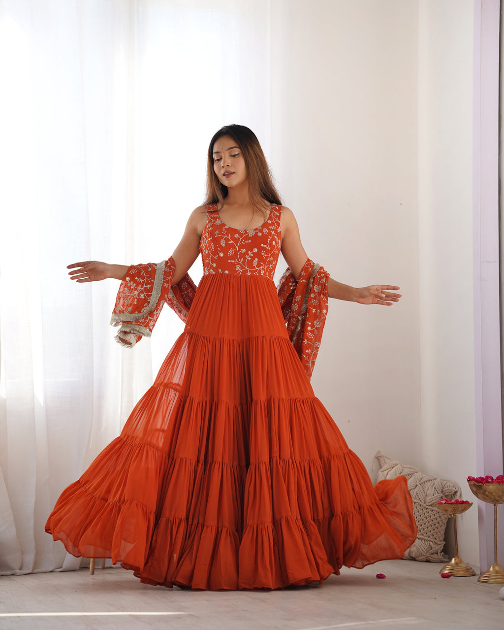 Eloriya Premium Quality 5 Layers Orange Anarkali Suit Set - 2XL [44] | Eloriya India