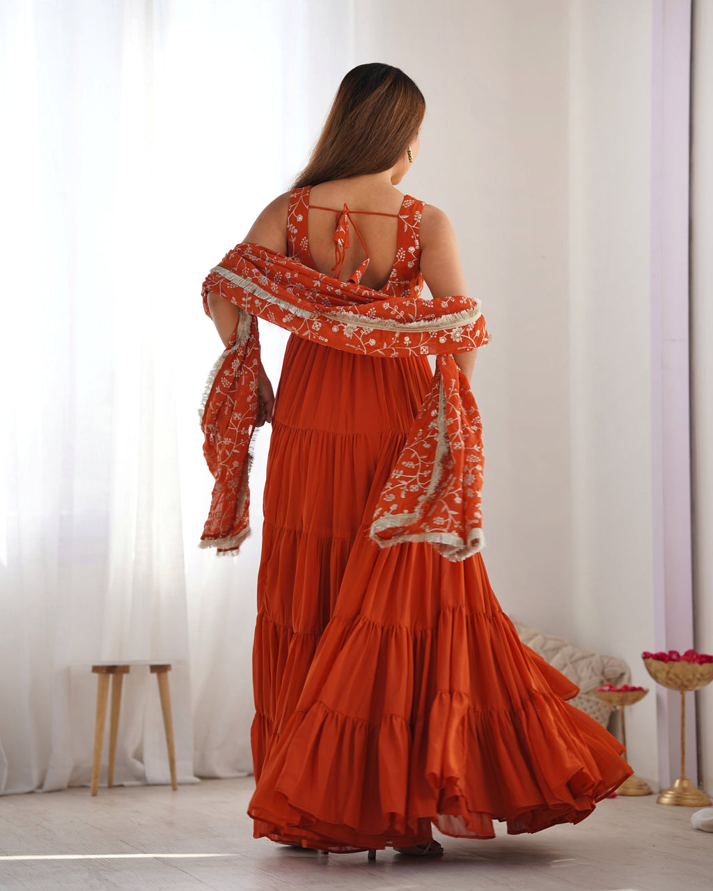 Eloriya Premium Quality 5 Layers Orange Anarkali Suit Set - L [40] | Eloriya India