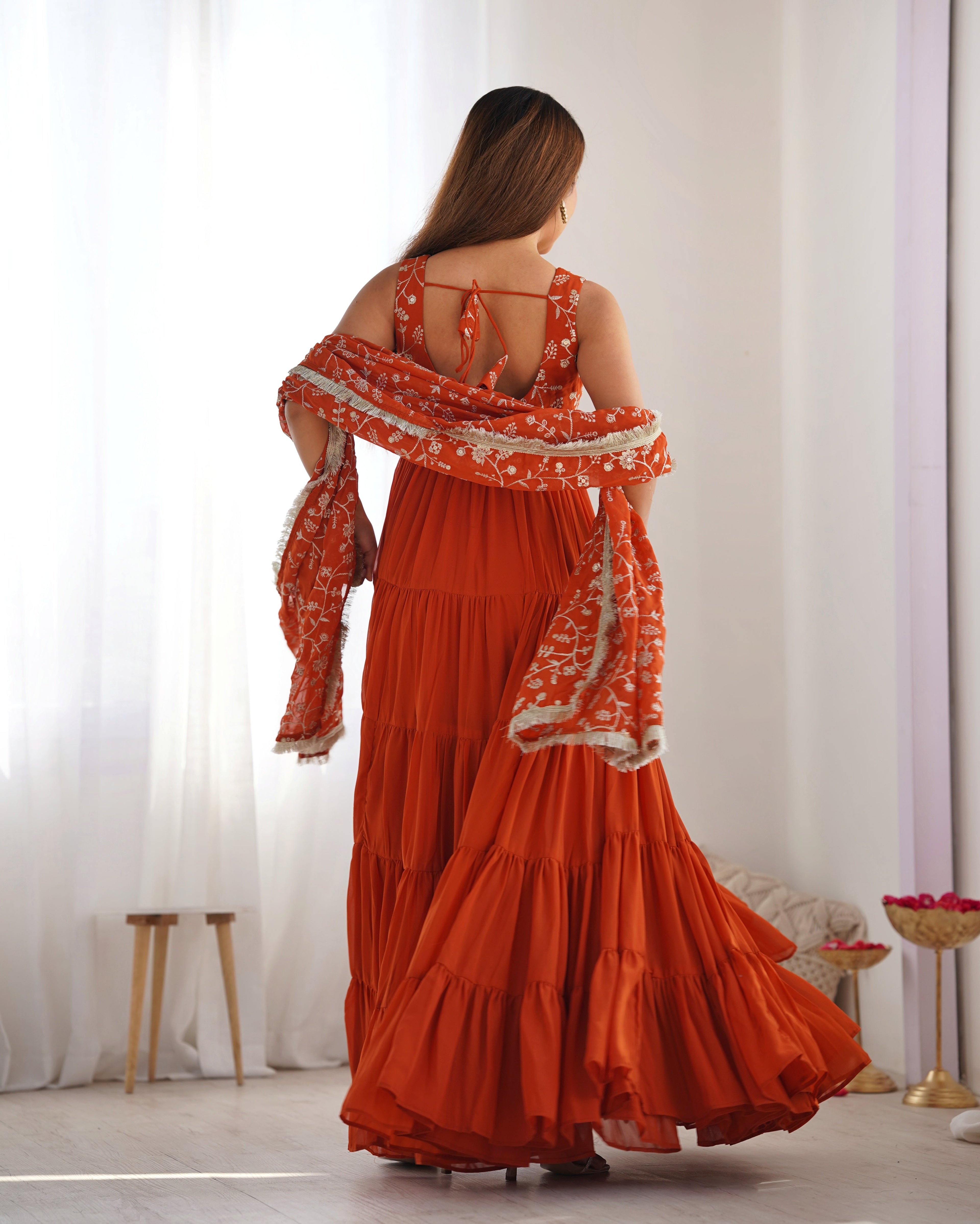 Eloriya Premium Quality 5 Layers Orange Anarkali Suit Set - L [40] | Eloriya India