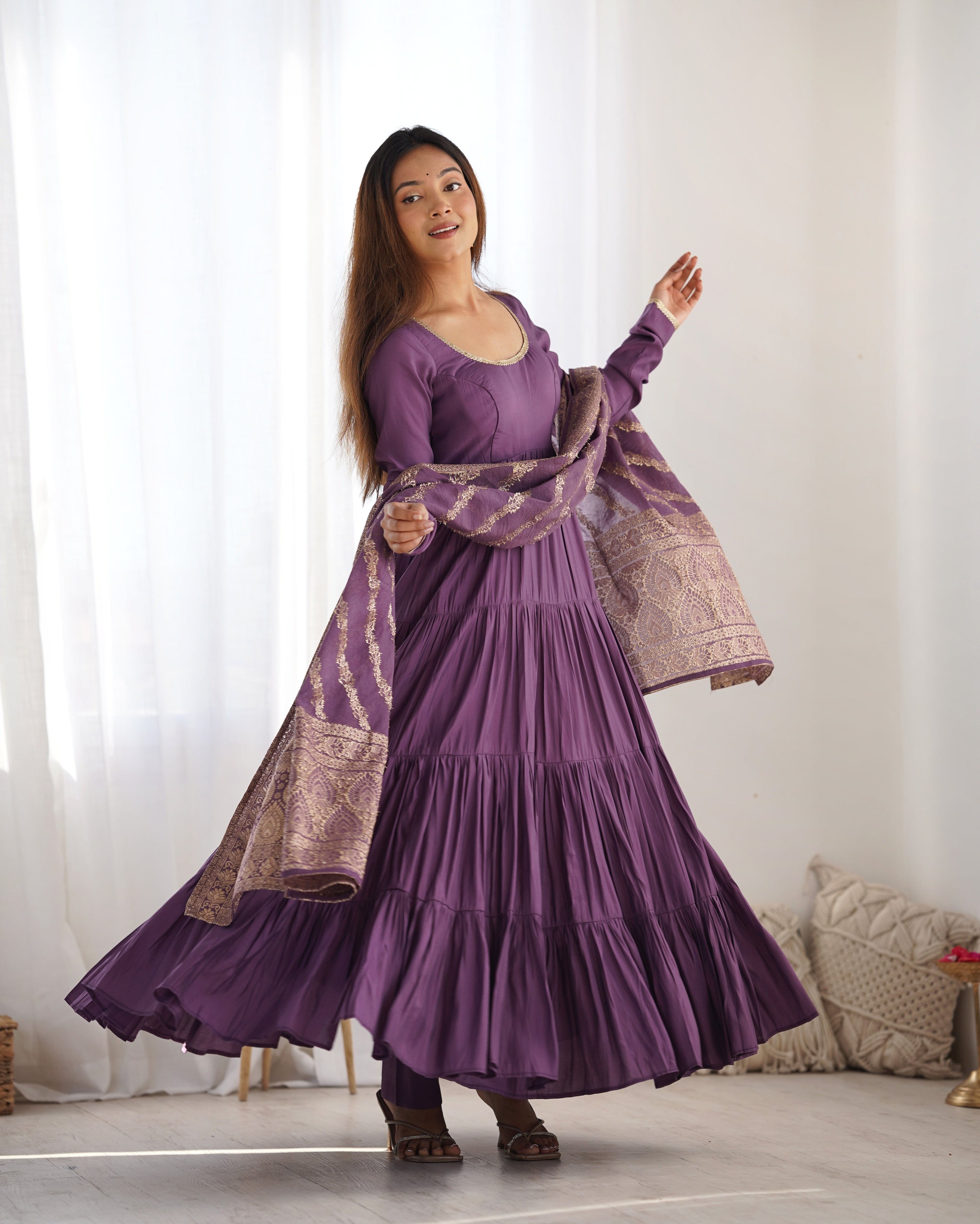 Eloriya Premium Quality Roman Silk Dusty Anarkali Suit Set - S [36] | Eloriya India