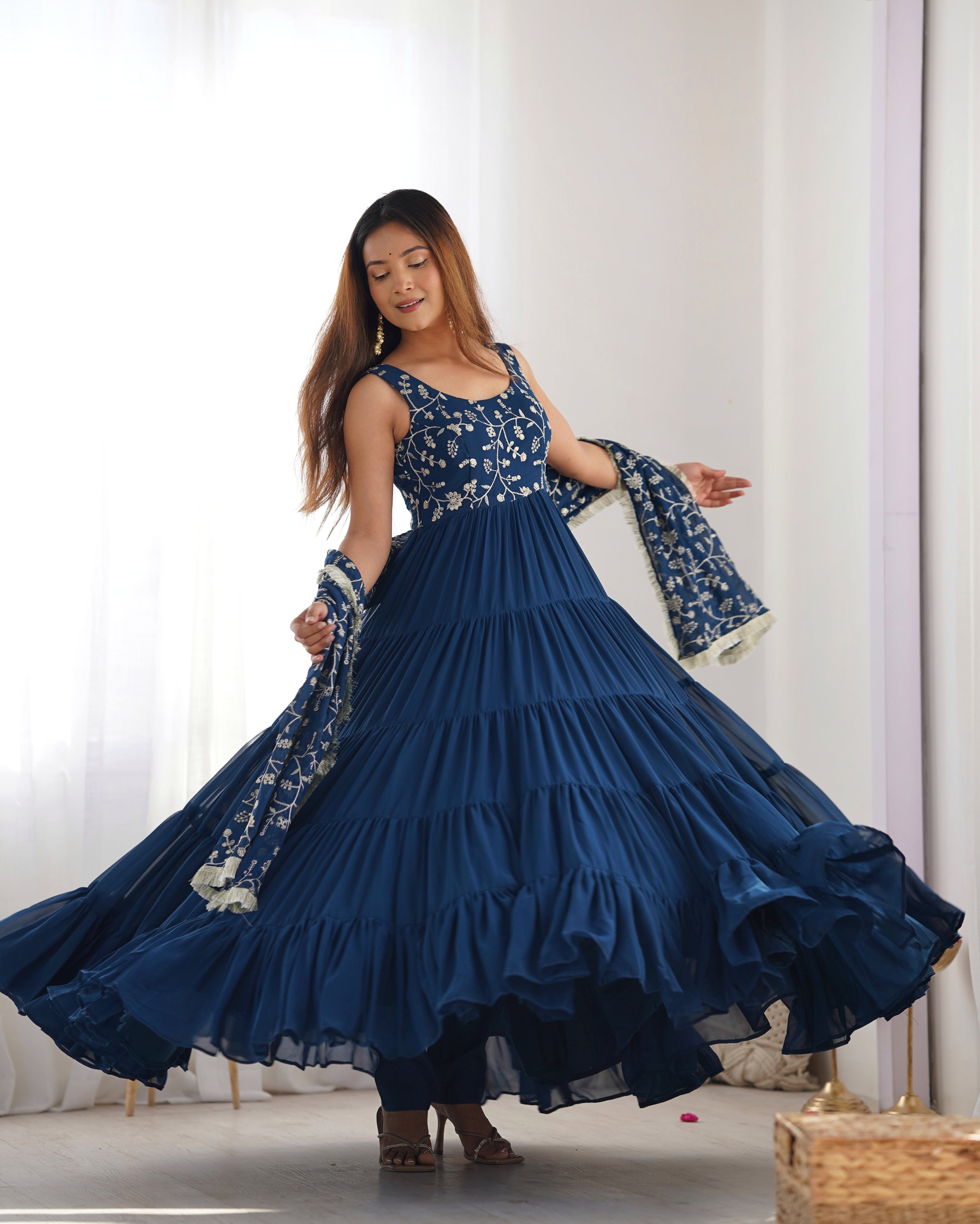 Eloriya Premium Quality 5 Layers Blue Anarkali Suit Set - L [40] | Eloriya India