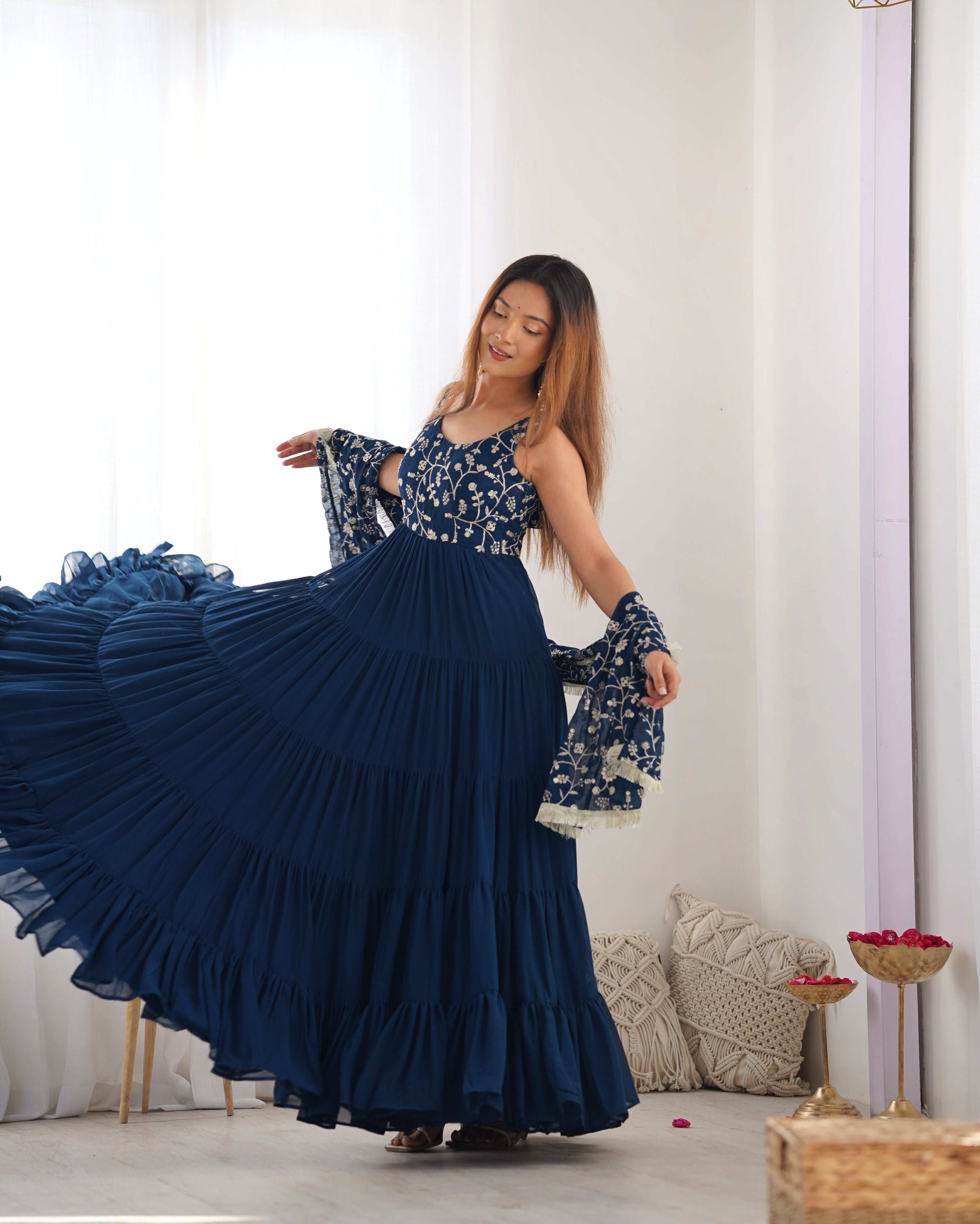 Eloriya Premium Quality 5 Layers Blue Anarkali Suit Set - M [38] | Eloriya India