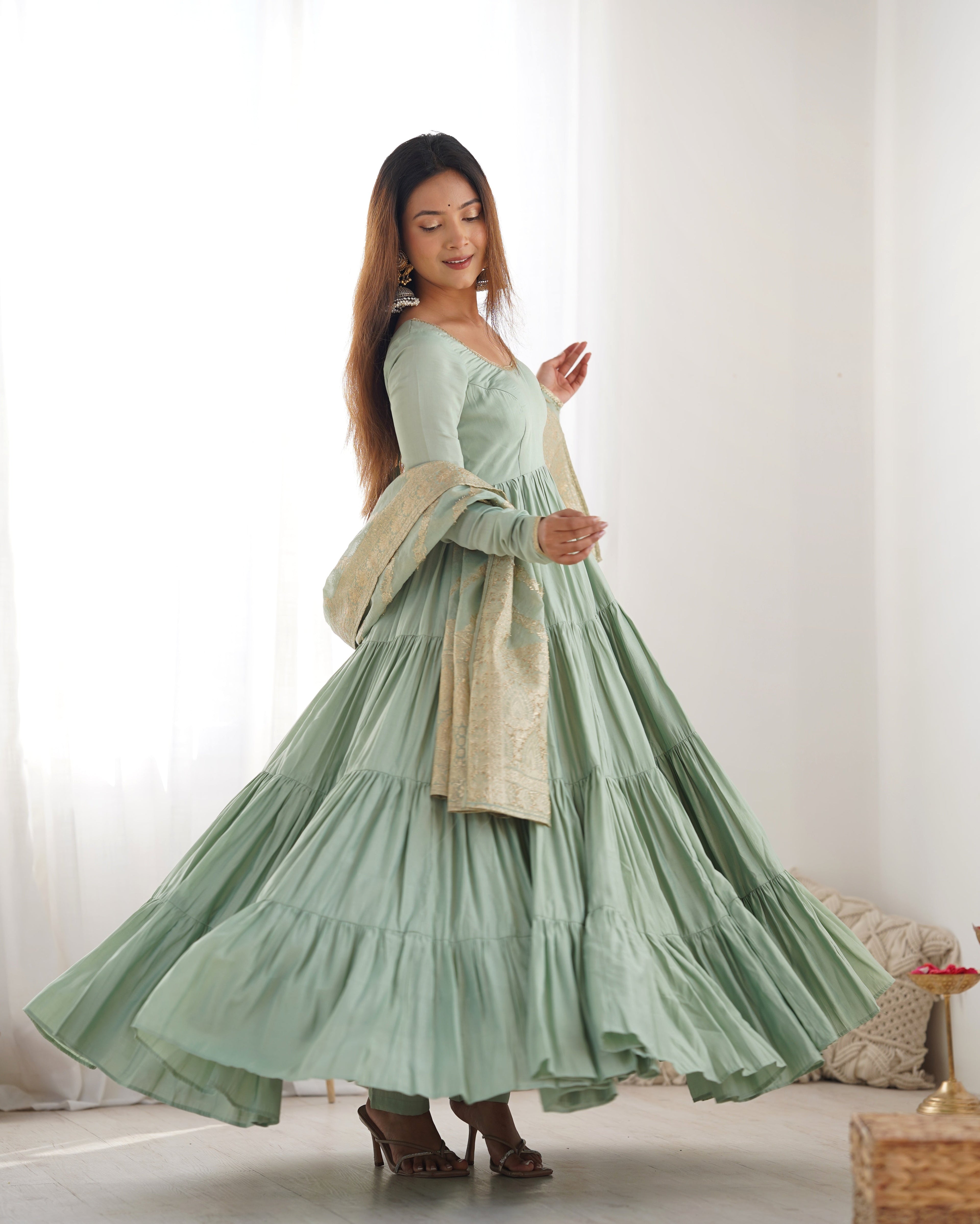 Eloriya Premium Quality Roman Silk Pista Anarkali Suit Set - L [40] | Eloriya India