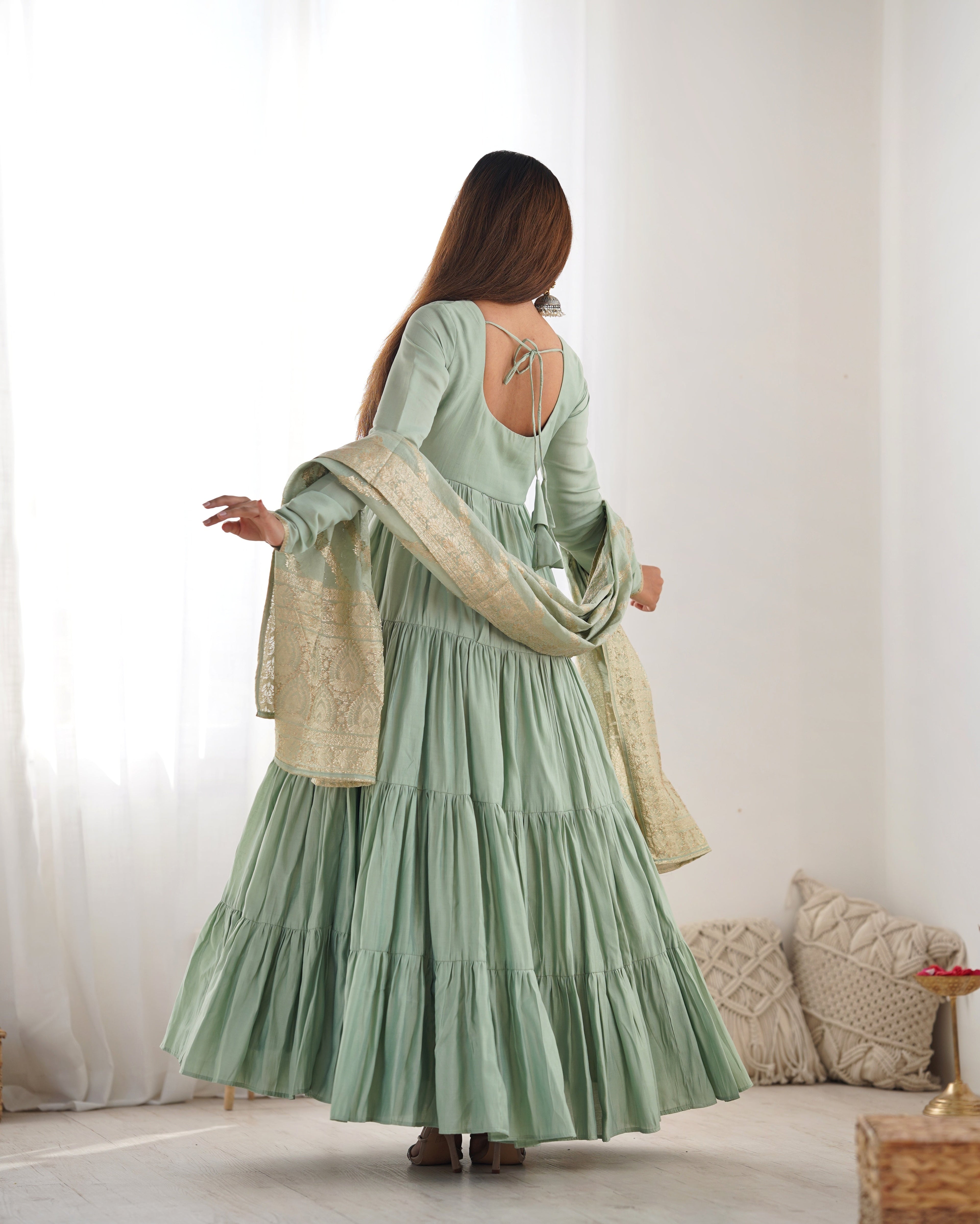 Eloriya Premium Quality Roman Silk Pista Anarkali Suit Set | Eloriya India