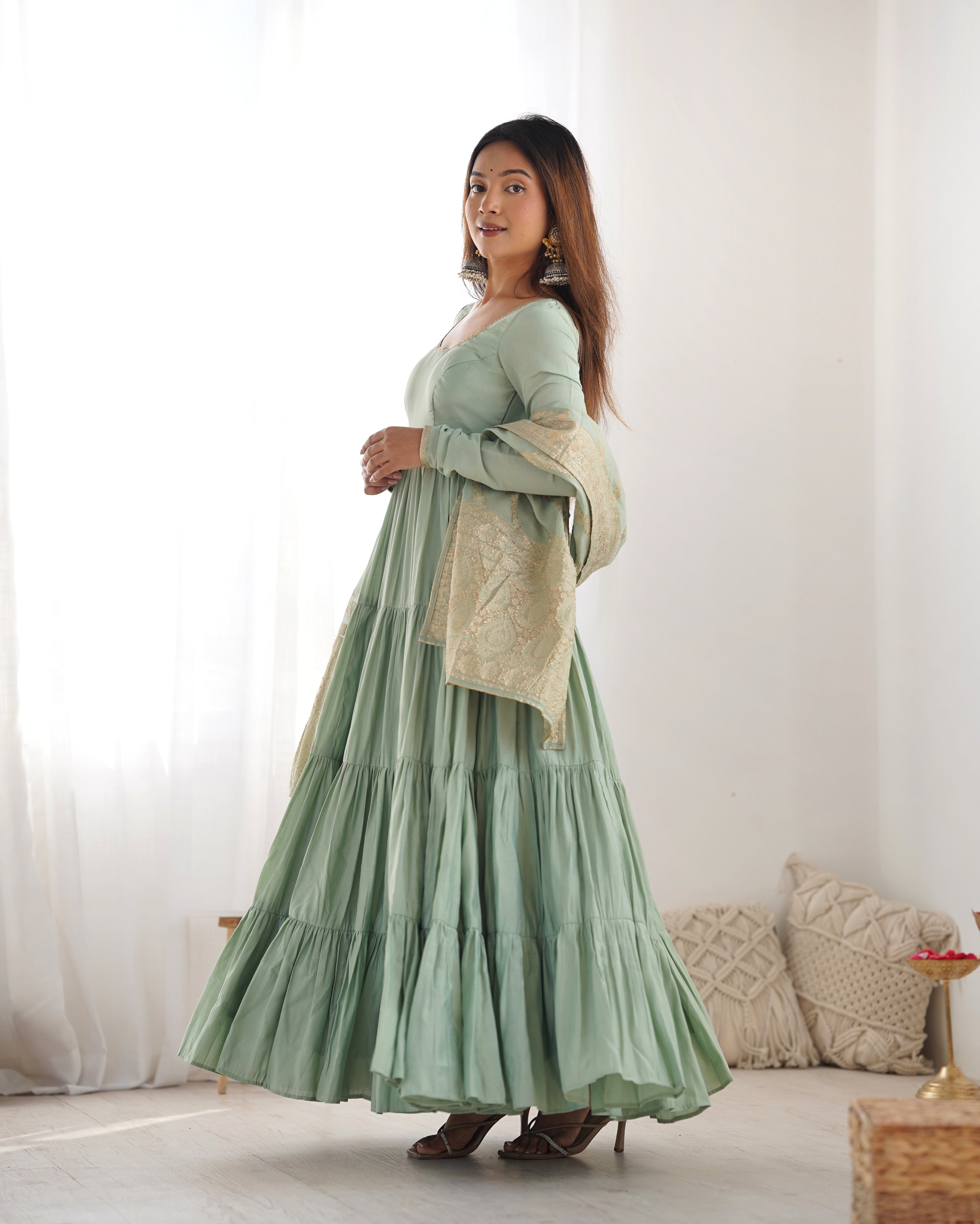 Eloriya Premium Quality Roman Silk Pista Anarkali Suit Set - XL [42] | Eloriya India