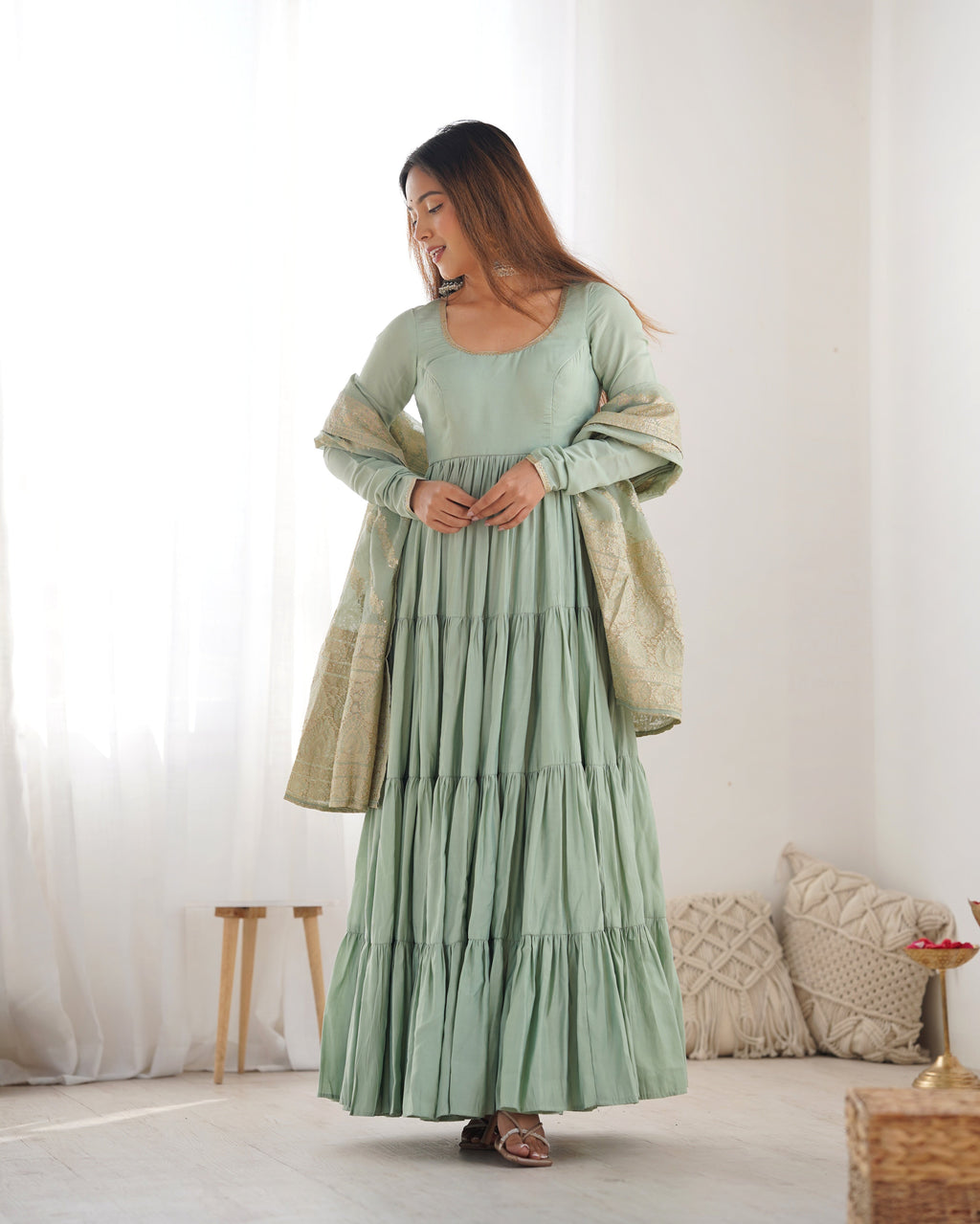 Eloriya Premium Quality Roman Silk Pista Anarkali Suit Set | Eloriya India