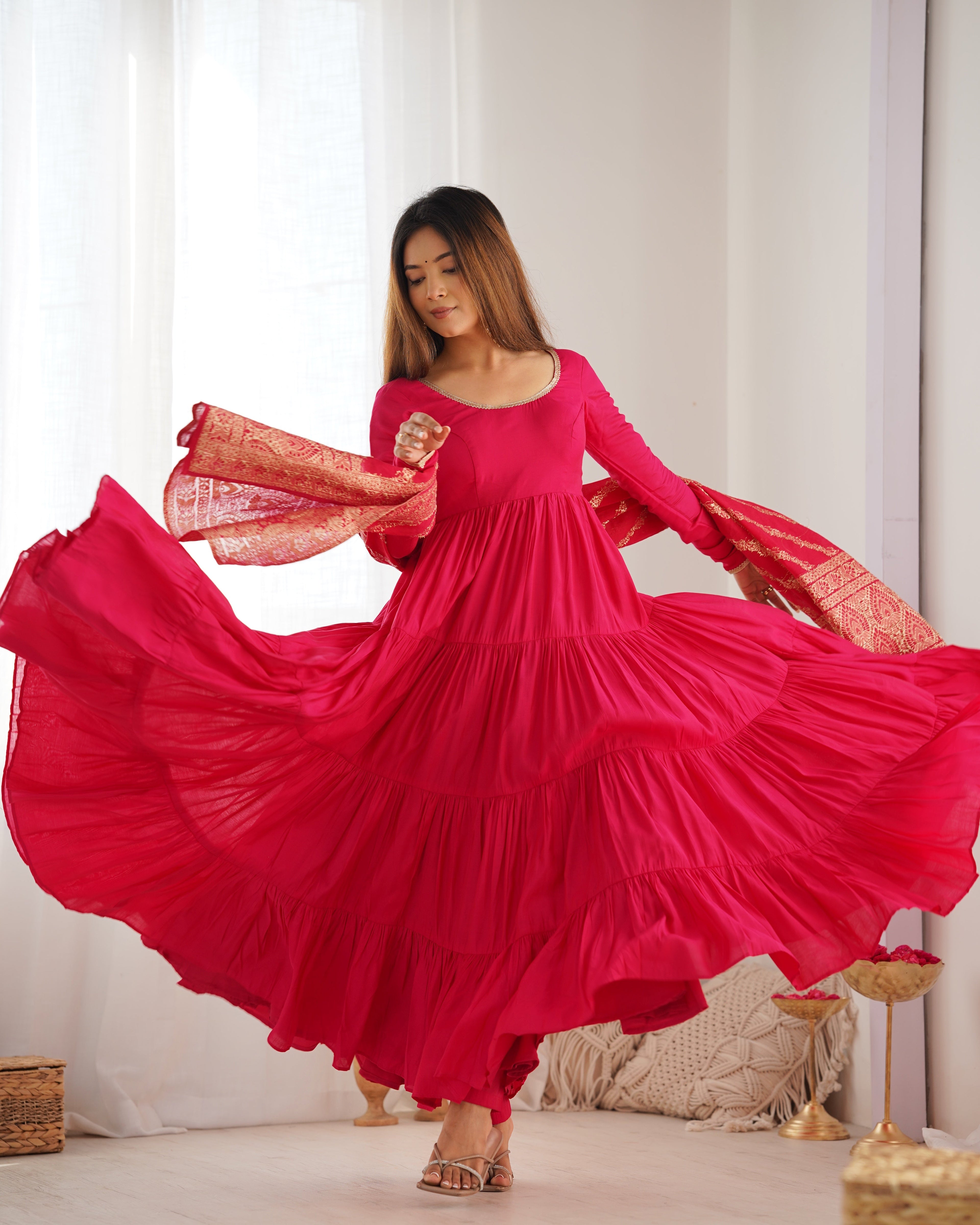 Eloriya Premium Quality Roman Silk Pink Anarkali Suit Set - S [36] | Eloriya India