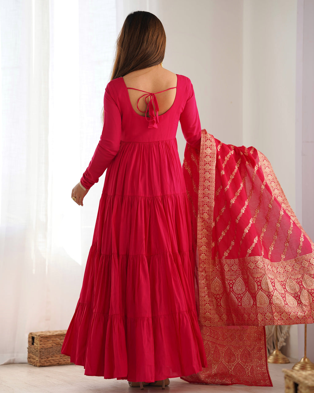 Eloriya Premium Quality Roman Silk Pink Anarkali Suit Set - L [40] | Eloriya India