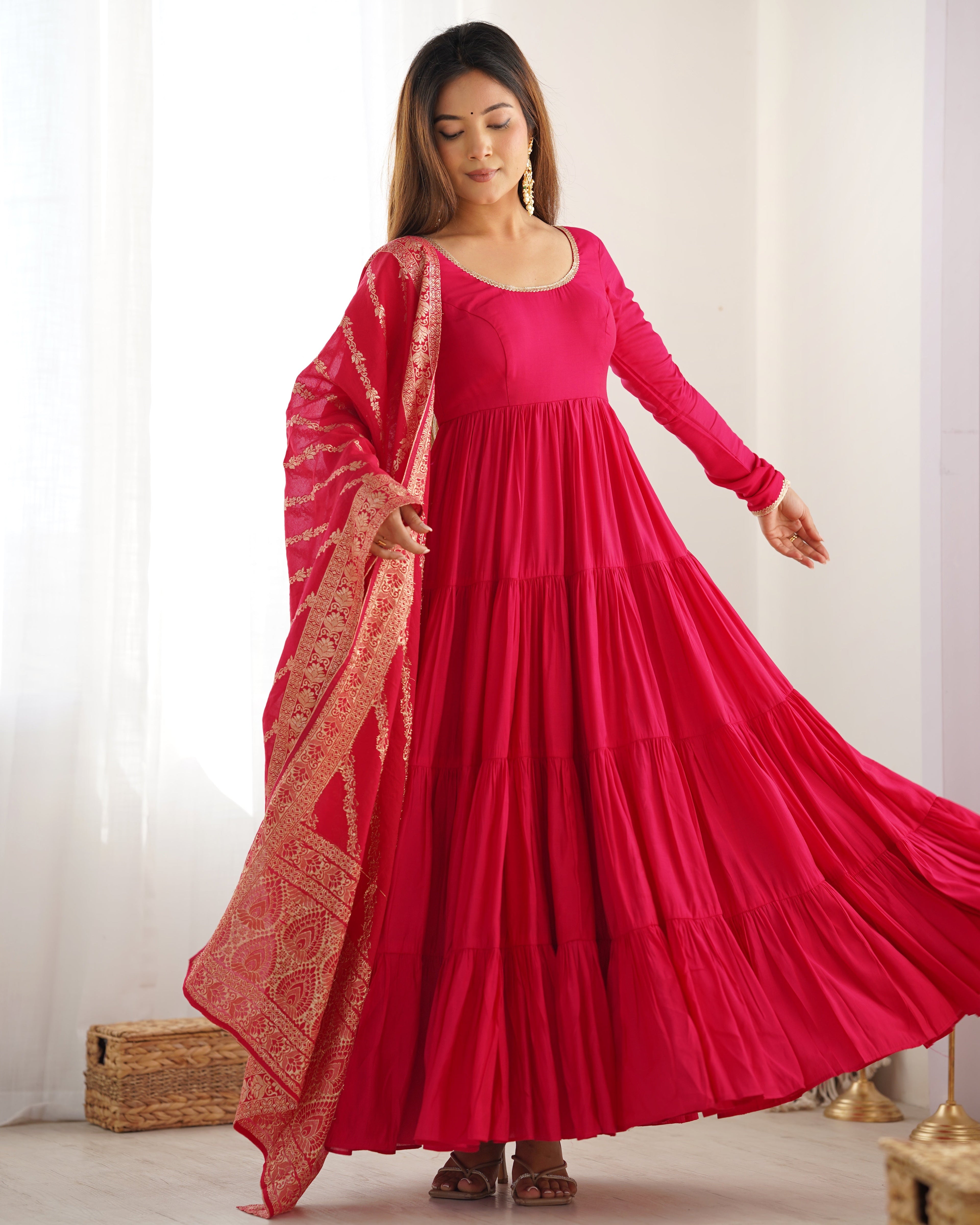 Eloriya Premium Quality Roman Silk Pink Anarkali Suit Set | Eloriya India