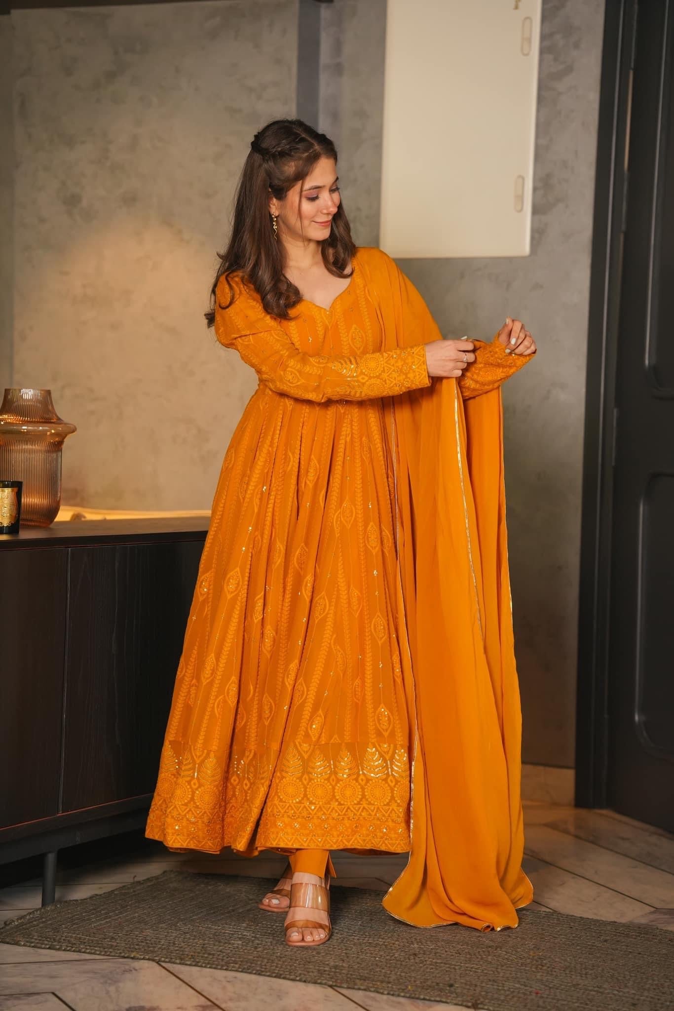 Eloriya Mustard Premium Quality Maxi Anarkali Suit Set - S [36] | Eloriya India