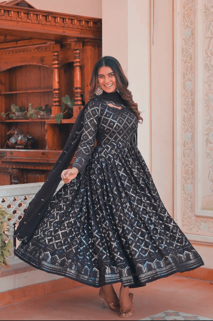 Eloriya Black Coloured Lakhnavi Worked Premium Suit - XS | Eloriya India