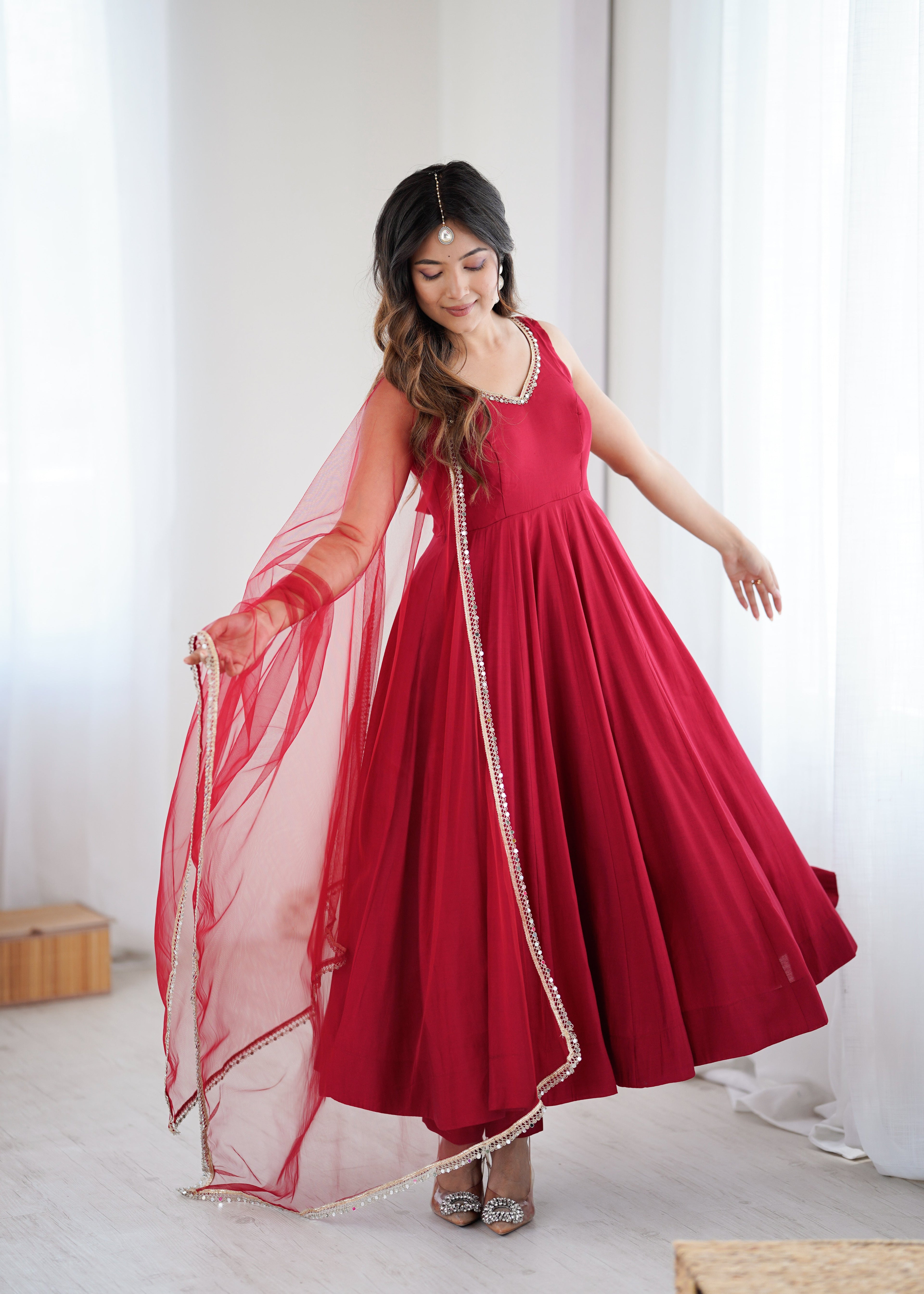 Eloriya Kishika Maroon Color Anarkali Suit Set [Sleeves Fabric Attached] - M | Eloriya India
