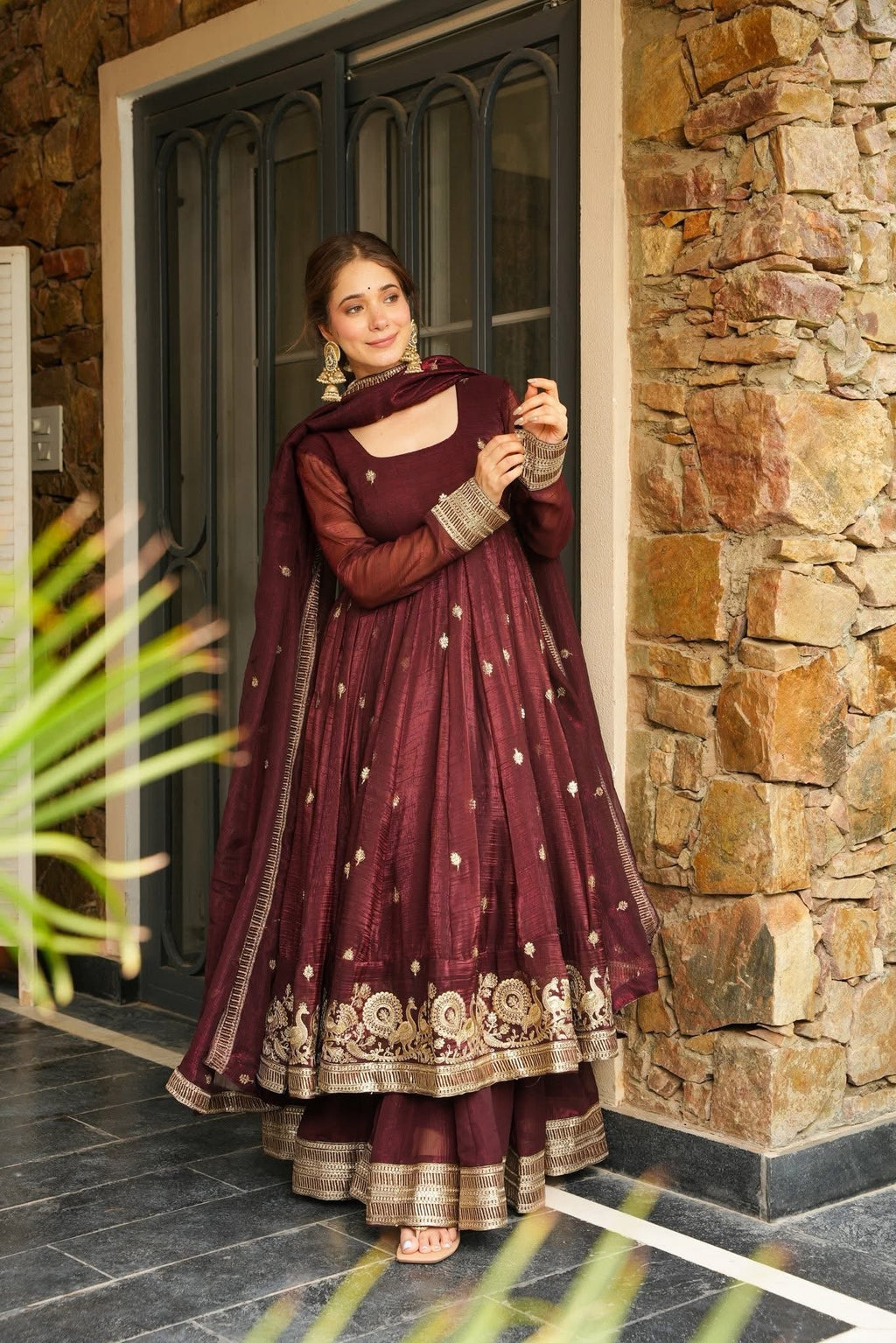 Eloriya Azira Rama And Maroon Color Premium Anarkali Suit Set [Sleeves Fabric Attached] - S [36] | Eloriya India
