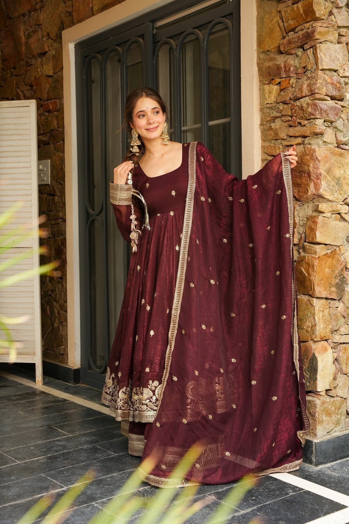 Eloriya Azira Maroon Color Premium Anarkali Suit Set - 2XL [44] | Eloriya India