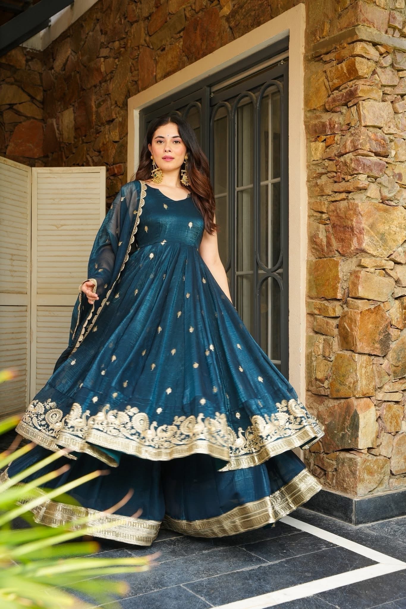 Eloriya Azira Rama And Maroon Color Premium Anarkali Suit Set [Sleeves Fabric Attached] - S [36] | Eloriya India