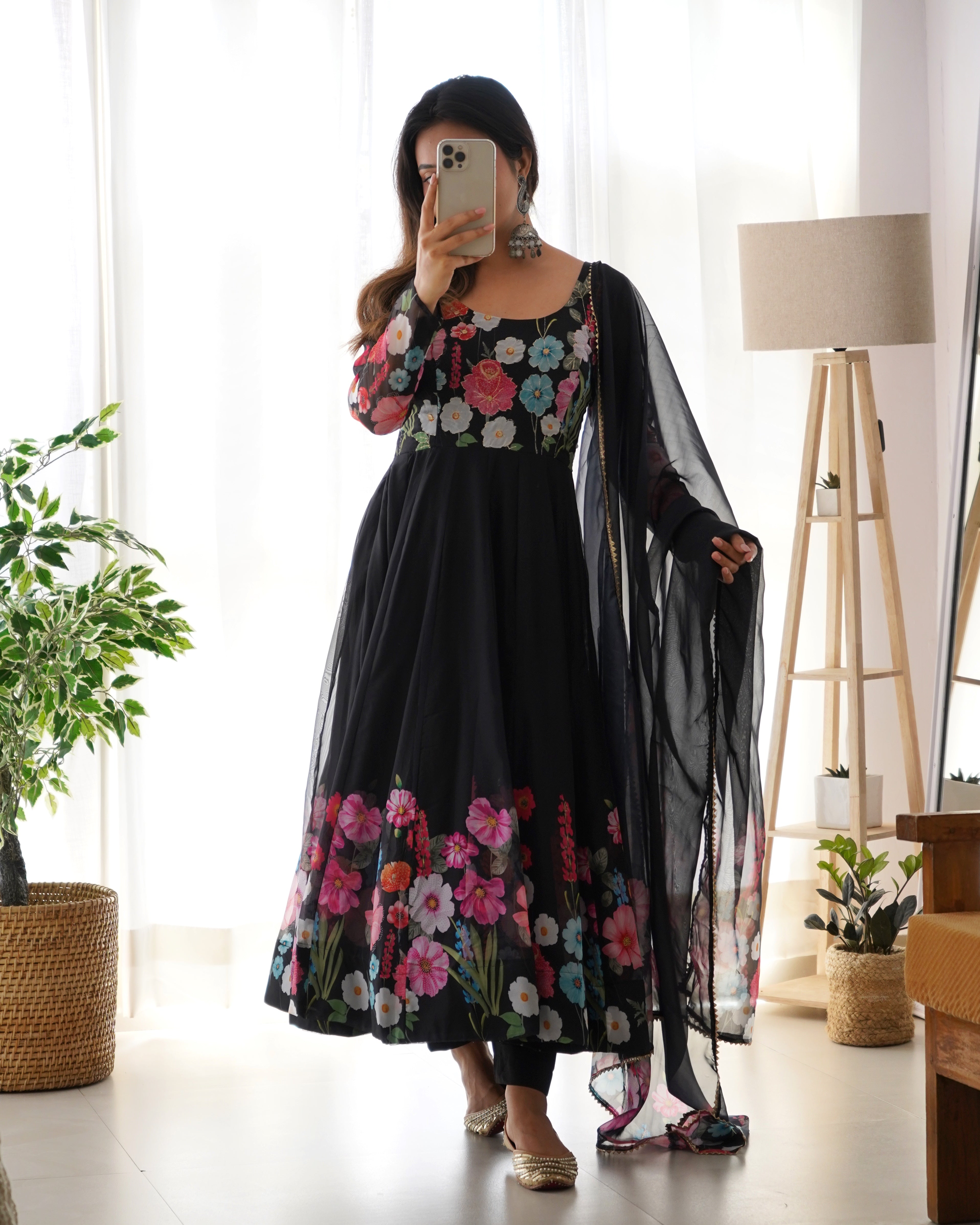 Eloriya Black Organza Flower Dupatta Set - XL | Eloriya India