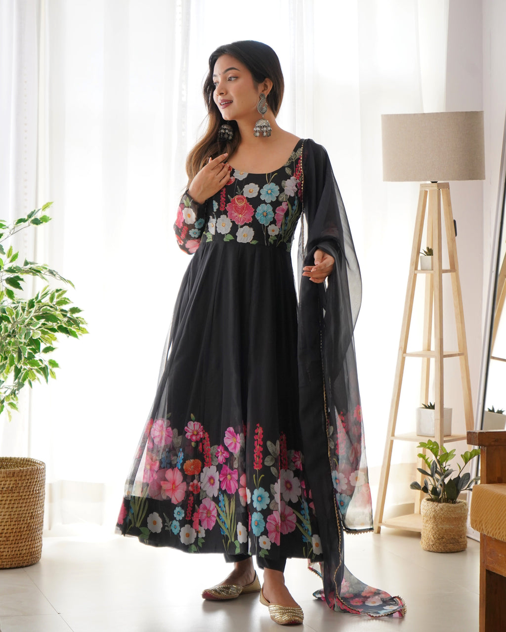 Eloriya Black Organza Flower Dupatta Set | Eloriya India