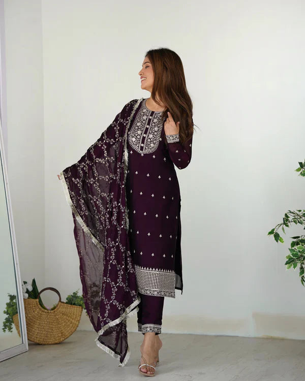 Eloriya Wine Color Premium Quality Suit Set Dt -273 - Royal Purple | Eloriya India