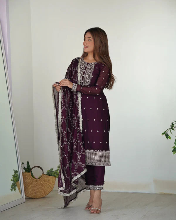 Eloriya Wine Color Premium Quality Suit Set Dt -273 - Royal Purple | Eloriya India