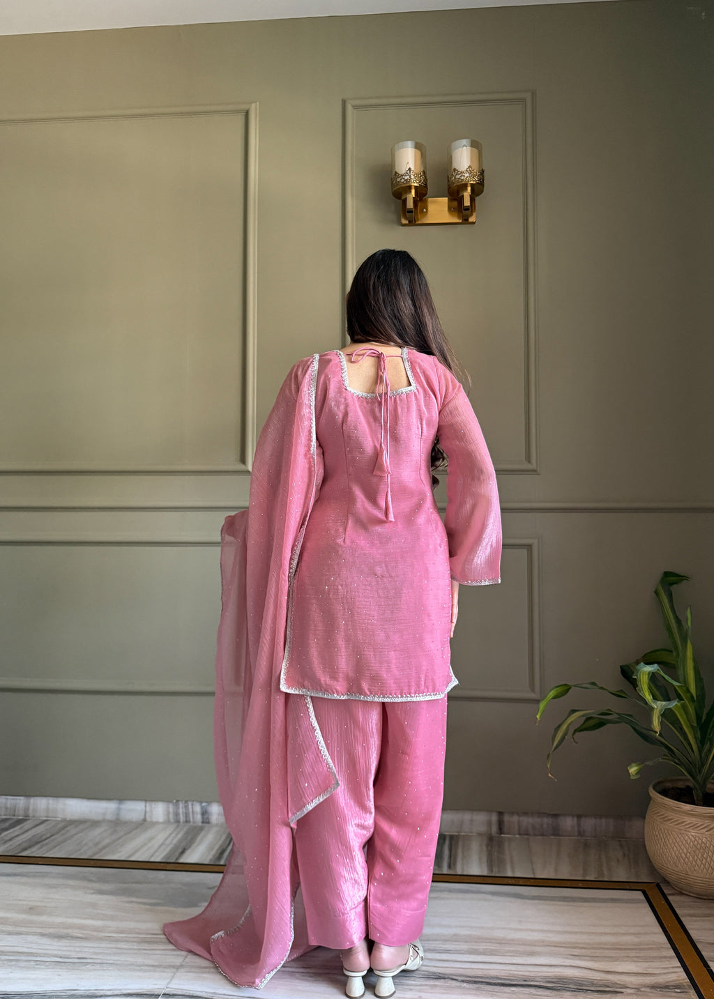 Eloriya Beautiful Pure Chinon Silk Fabric Straight Fit Kurta, Dupatta With Trouser Set - M [38] | Eloriya India