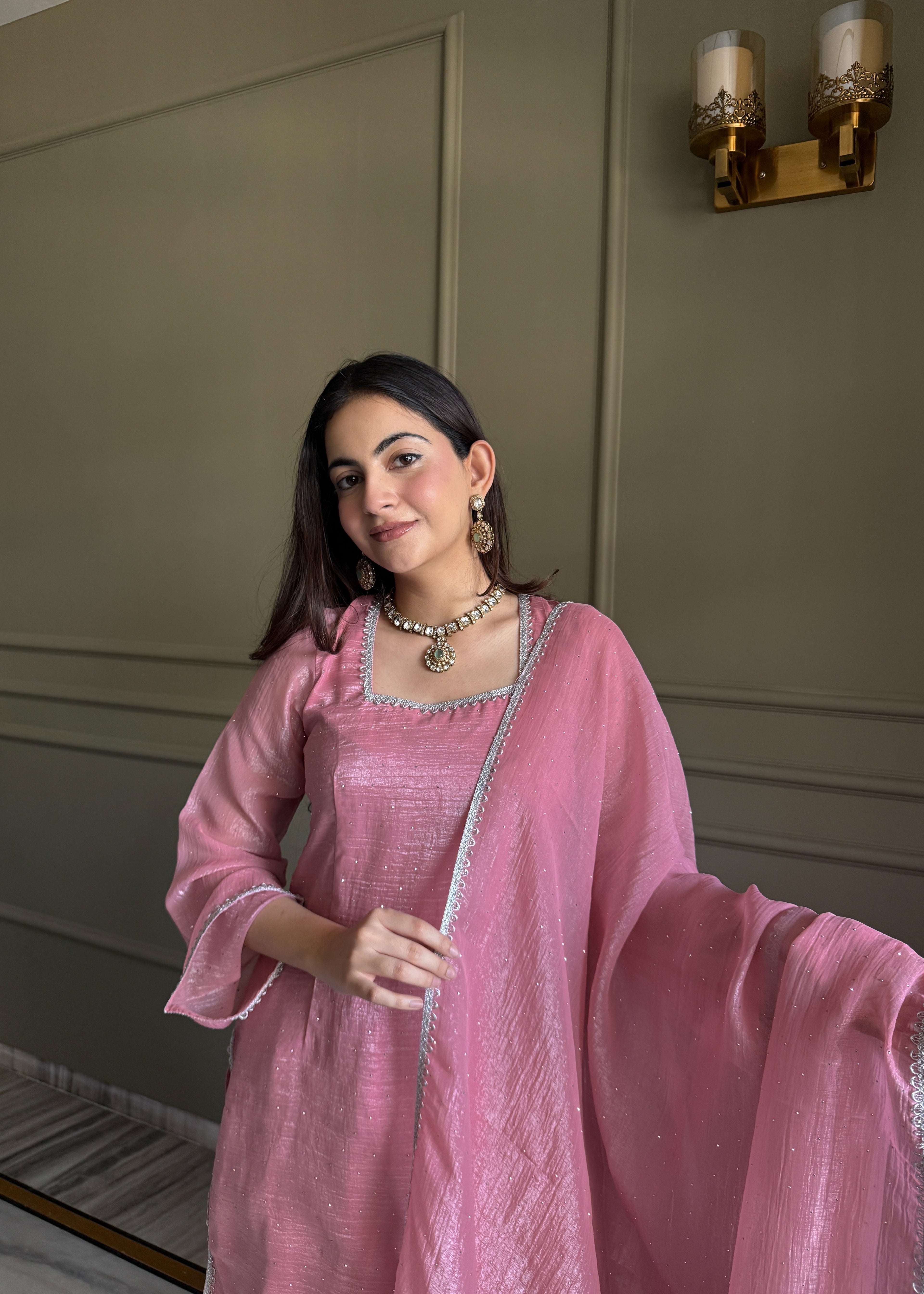 Eloriya Beautiful Pure Chinon Silk Fabric Straight Fit Kurta, Dupatta With Trouser Set - M [38] | Eloriya India