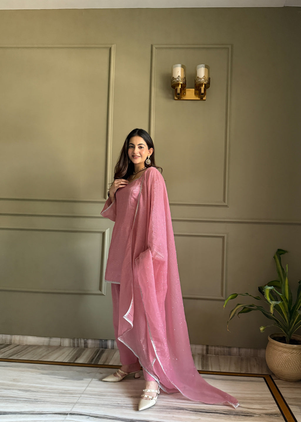 Eloriya Beautiful Pure Chinon Silk Fabric Straight Fit Kurta, Dupatta With Trouser Set - XL | Eloriya India