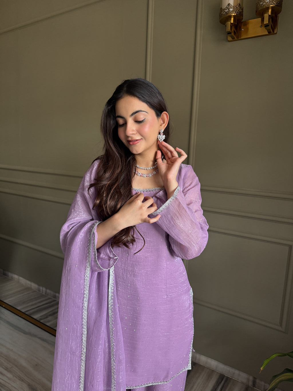 Eloriya Beautiful Pure Chinon Silk Fabric Straight Fit Kurta, Dupatta With Trouser Set - 2XL [44] | Eloriya India