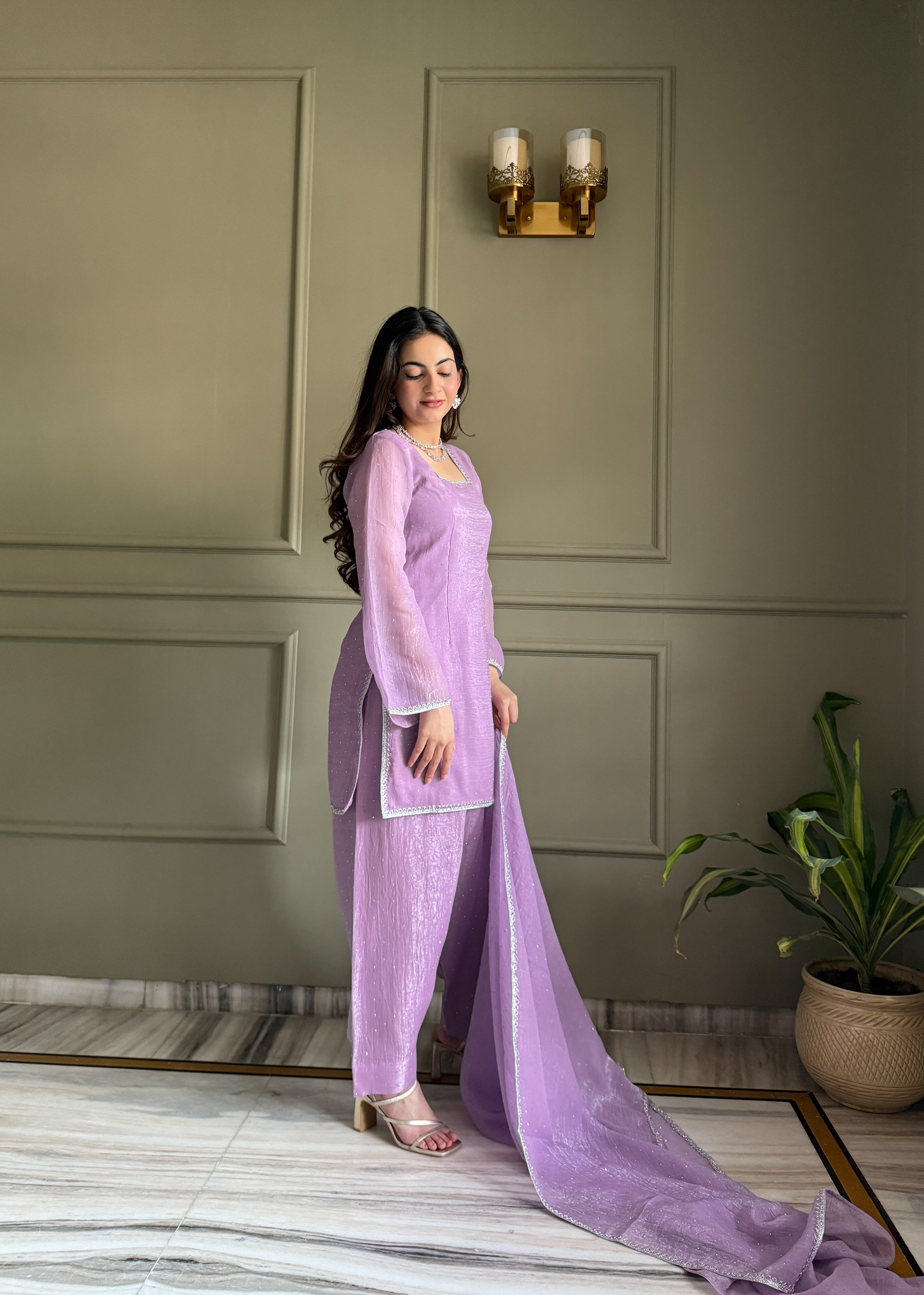 Eloriya Beautiful Pure Chinon Silk Fabric Straight Fit Kurta, Dupatta With Trouser Set - 2XL [44] | Eloriya India