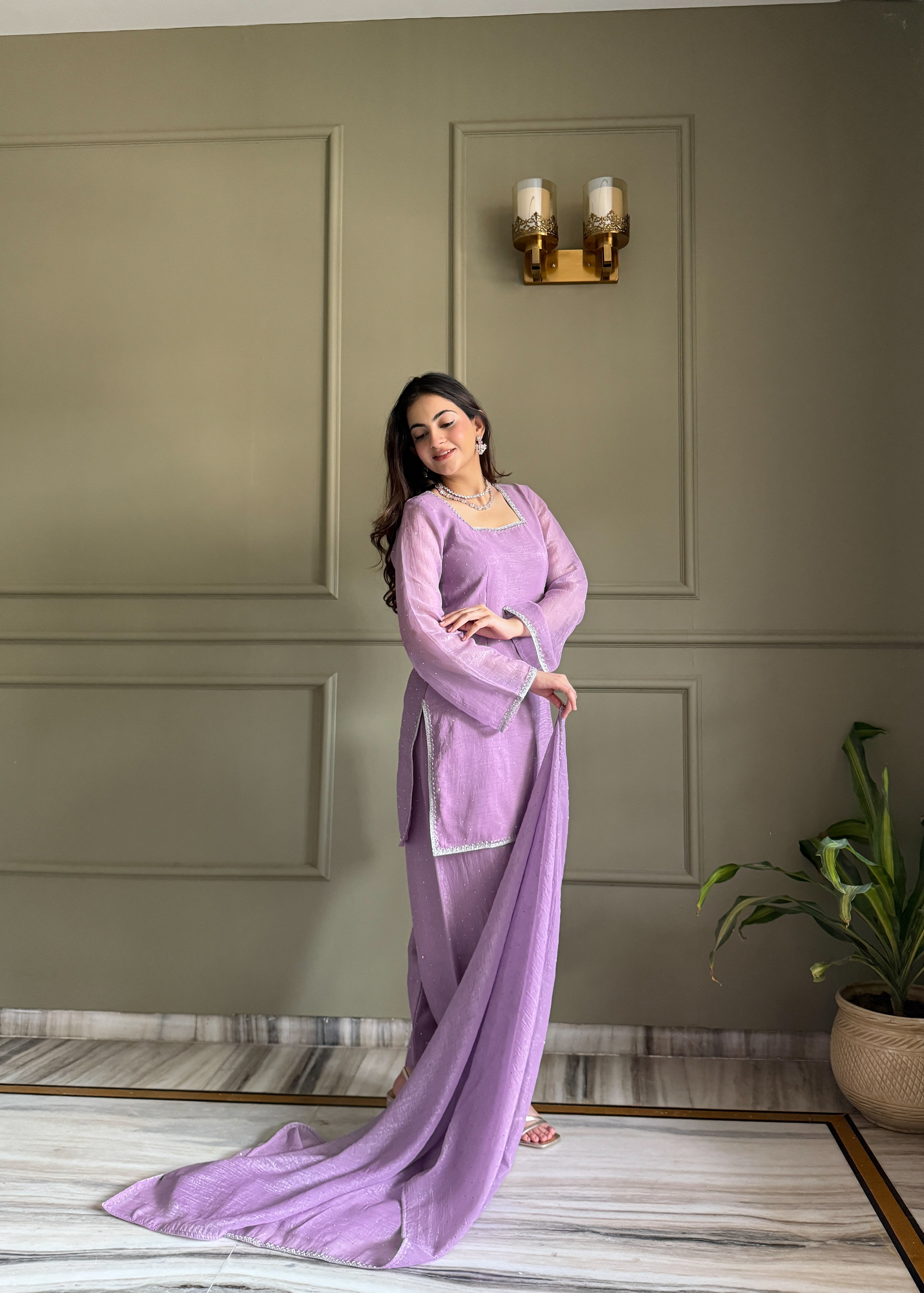 Eloriya Beautiful Pure Chinon Silk Fabric Straight Fit Kurta, Dupatta With Trouser Set - 2XL [44] | Eloriya India