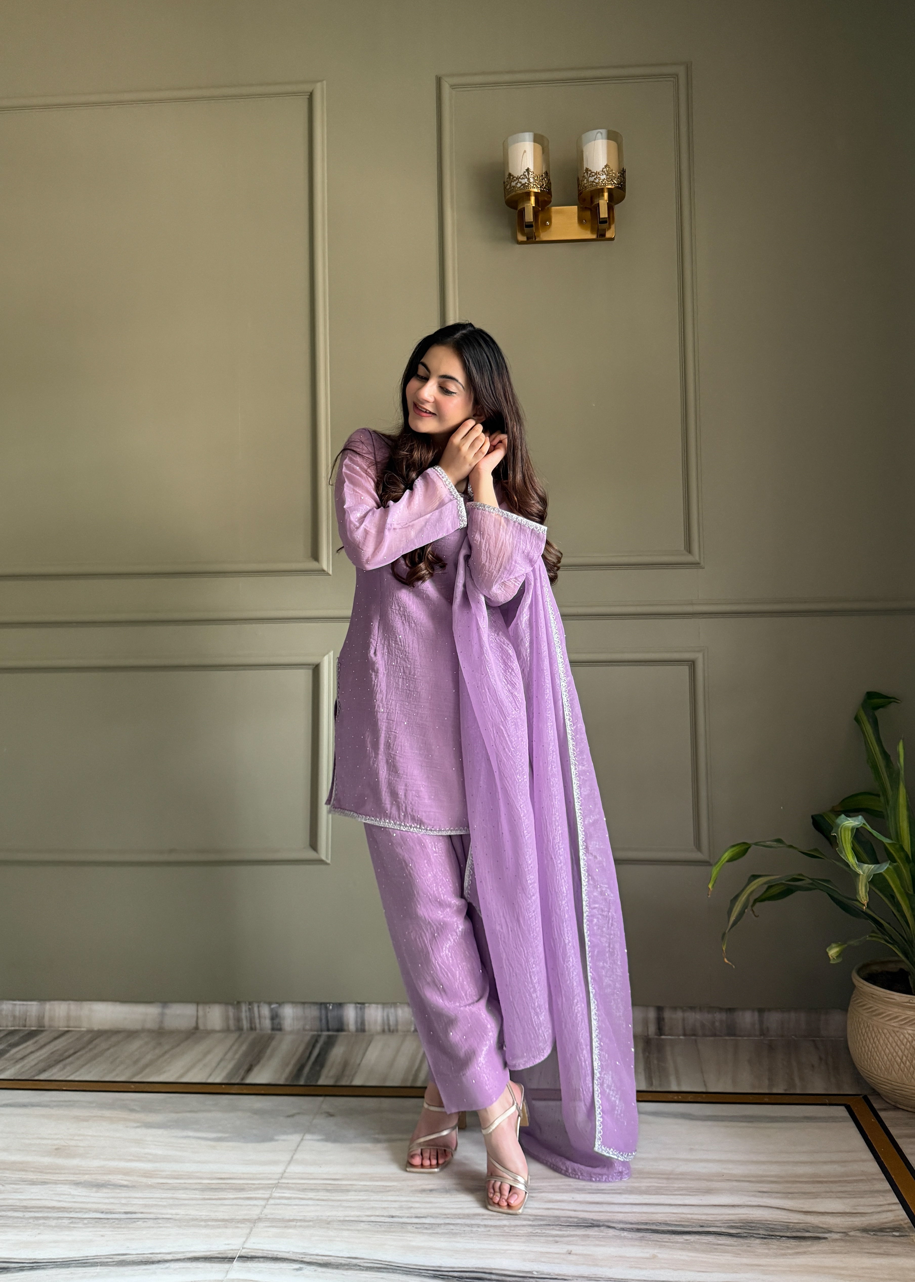 Eloriya Beautiful Pure Chinon Silk Fabric Straight Fit Kurta, Dupatta With Trouser Set - XL | Eloriya India