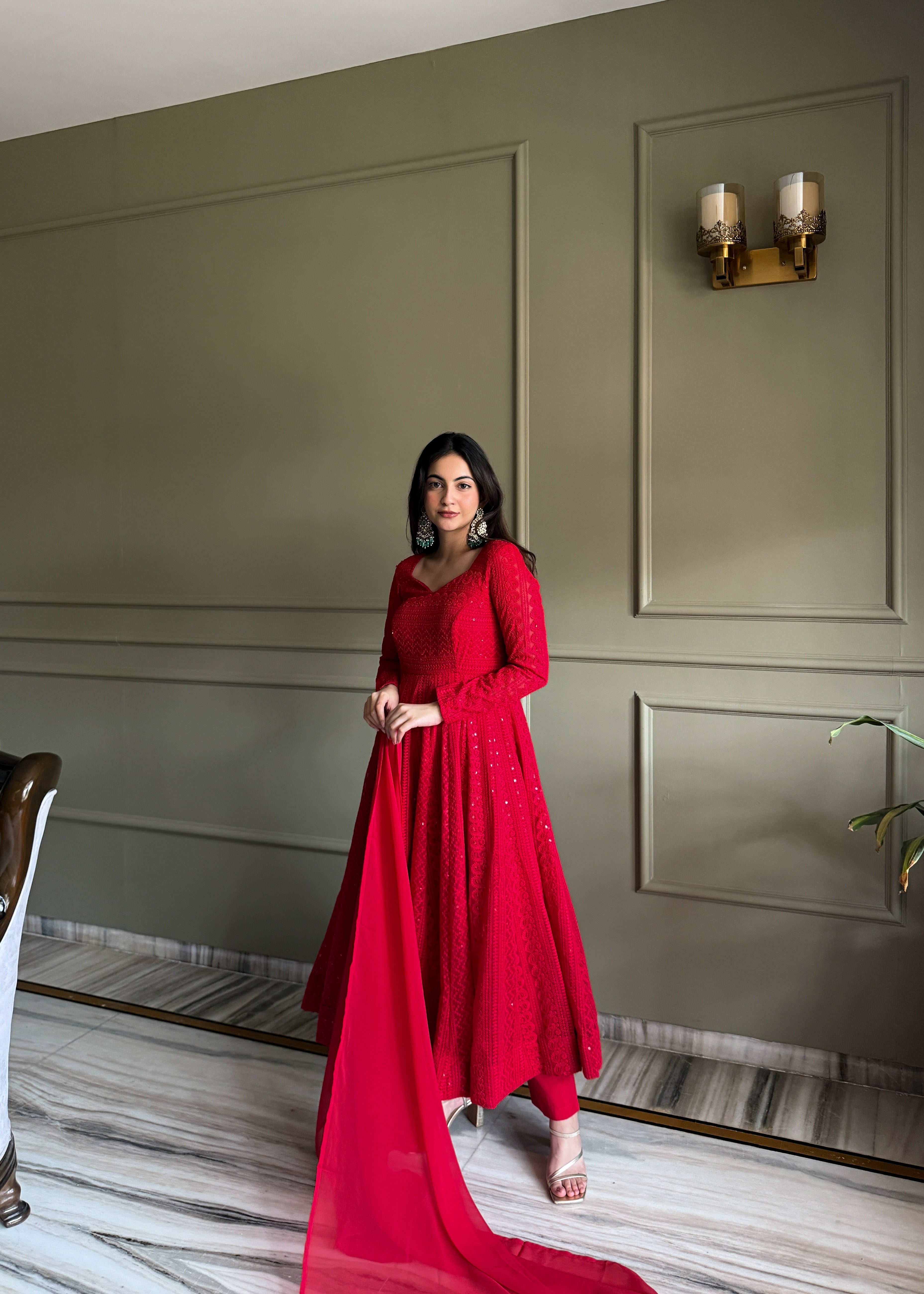 Eloriya Red Luxe Lucknowi Sequins Anarkali Suit Set - XL [42] | Eloriya India