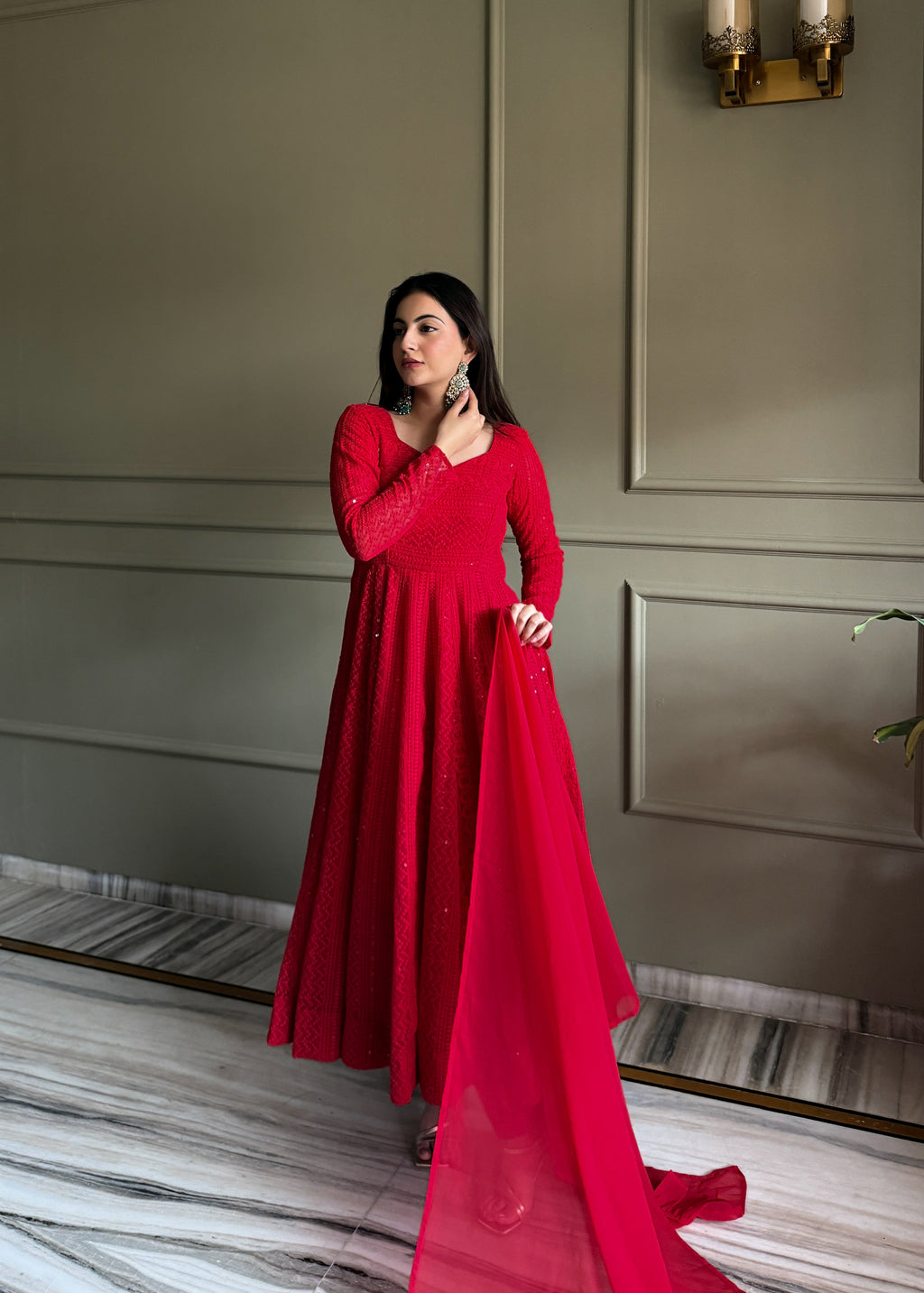 Eloriya Red Luxe Lucknowi Sequins Anarkali Suit Set - M [38] | Eloriya India