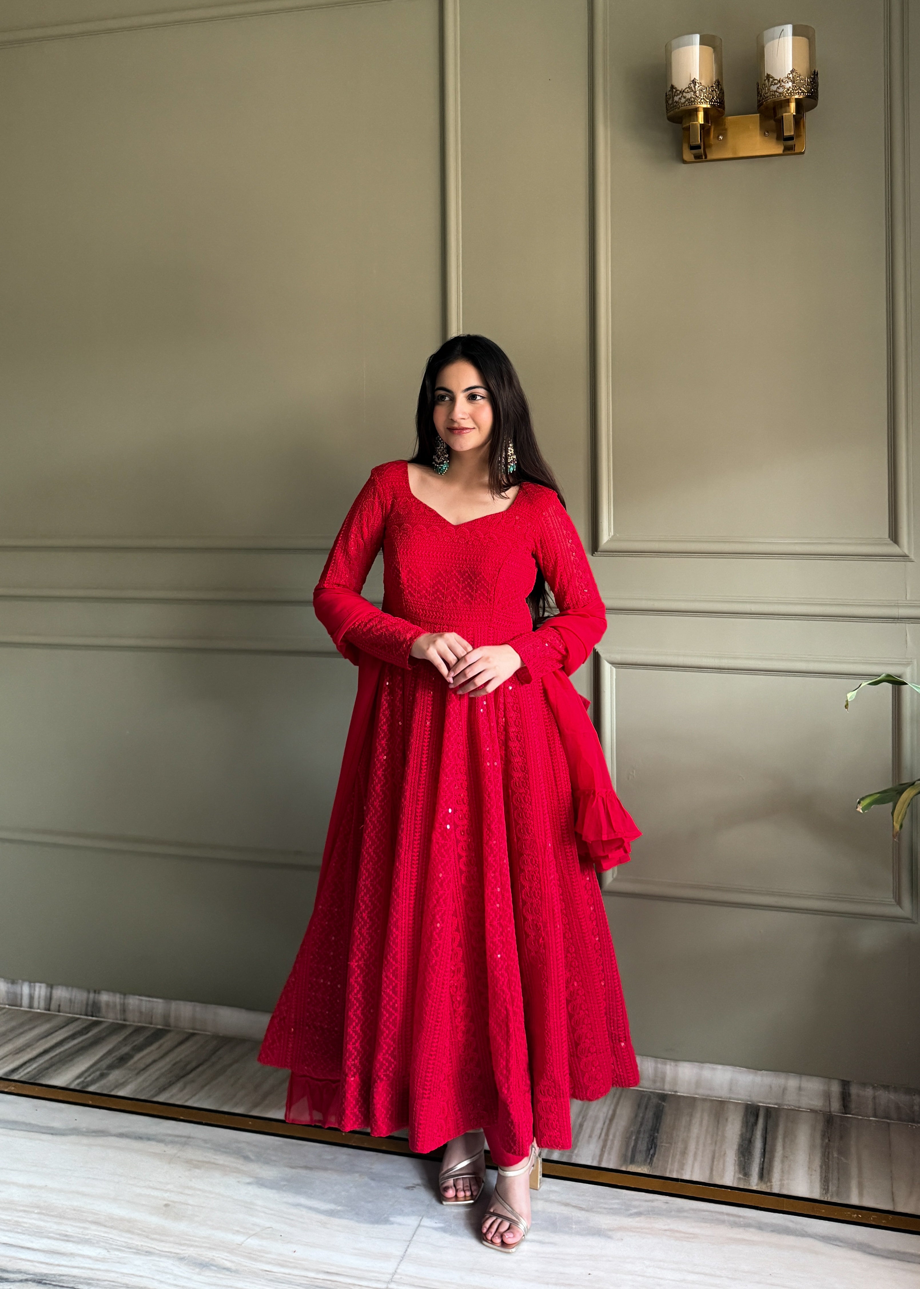Eloriya Red Luxe Lucknowi Sequins Anarkali Suit Set - XS [34] | Eloriya India