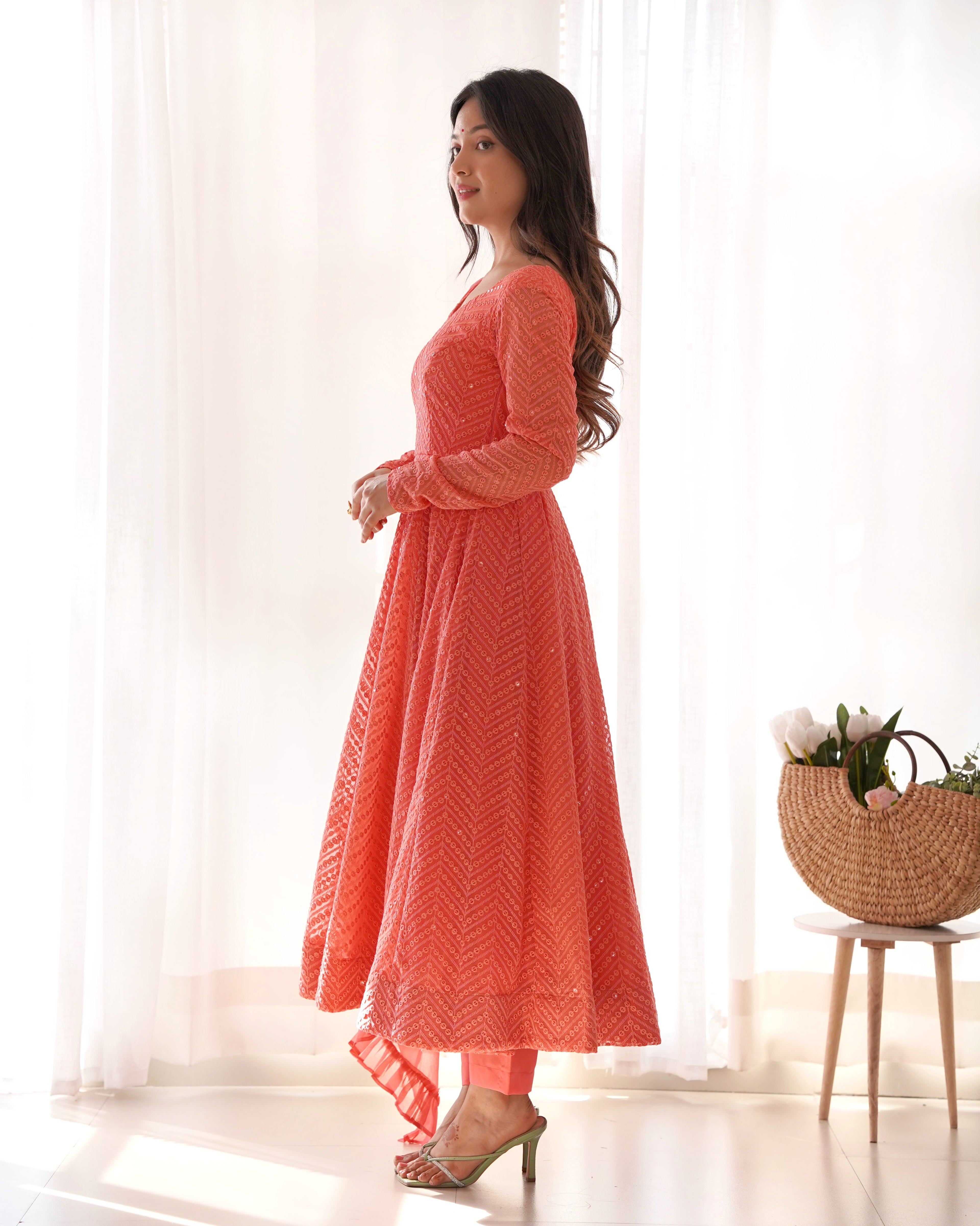 Eloriya Premium Quality Lukhnowi Peach Suit Set - XL [42] | Eloriya India