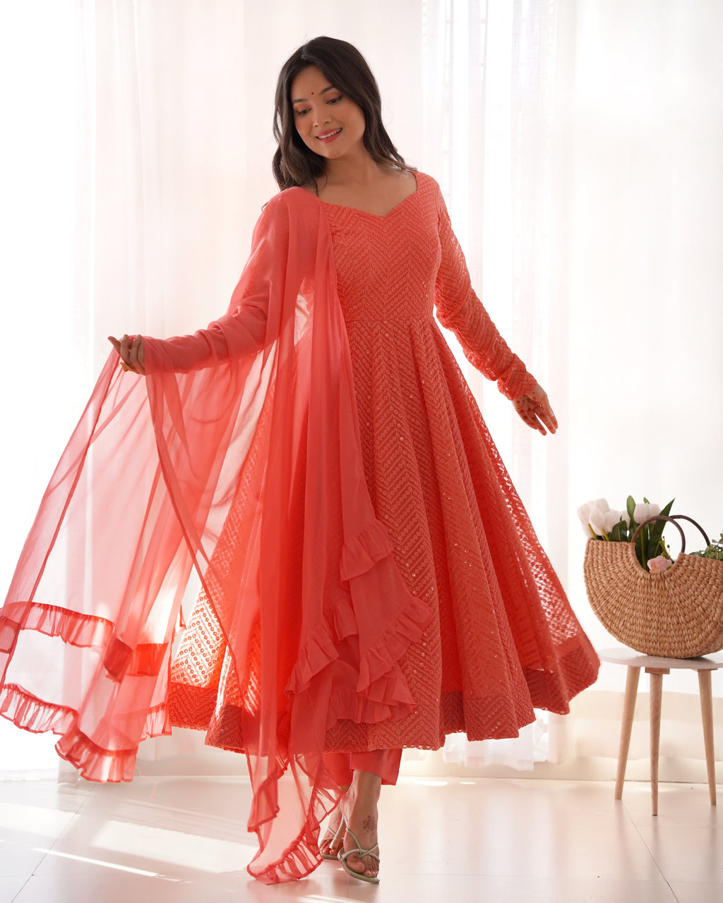 Eloriya Premium Quality Lukhnowi Peach Suit Set - XS [34] | Eloriya India