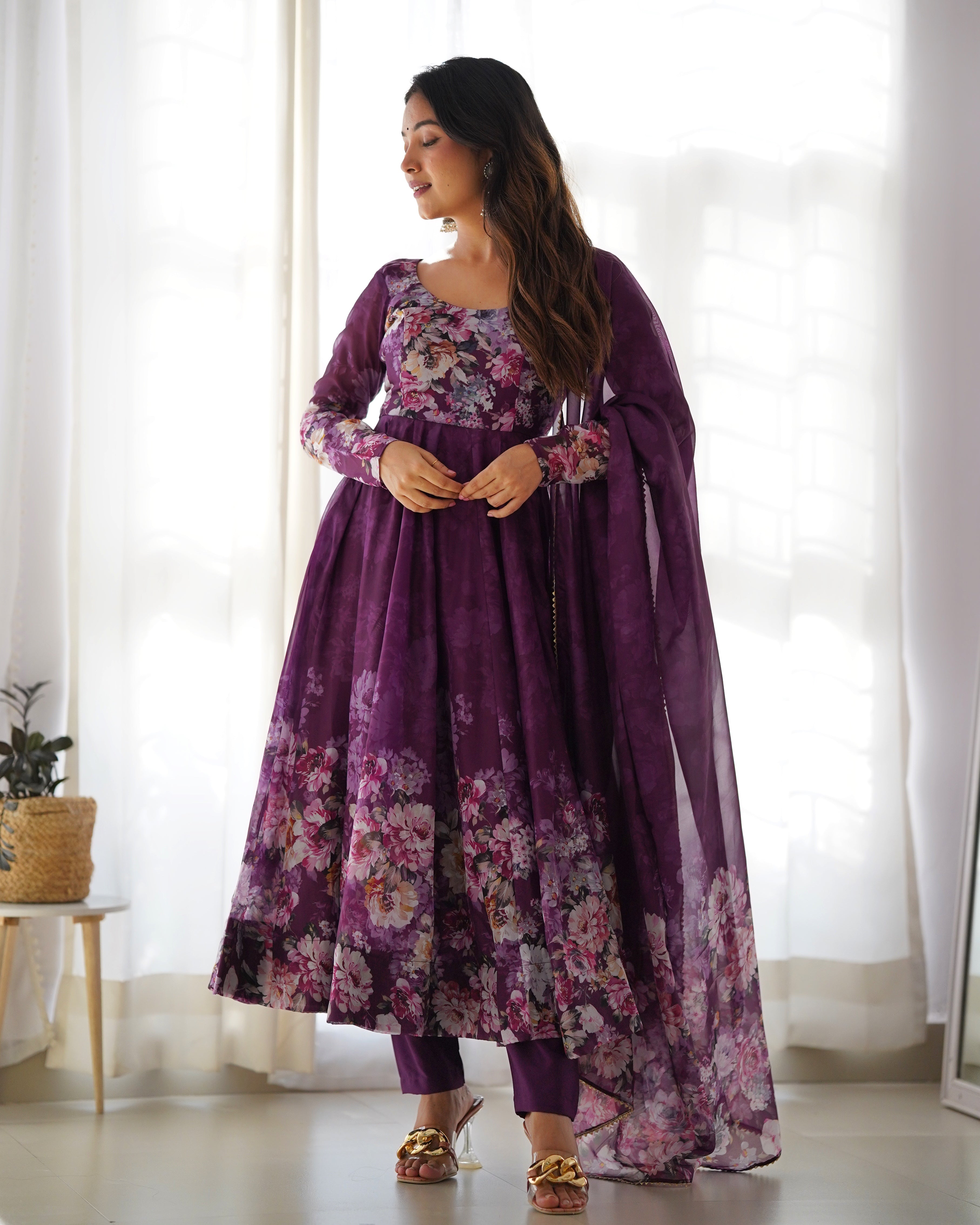 Eloriya Premium Quality Silk Gown Anarkali Suit Set - XL(42) | Eloriya India