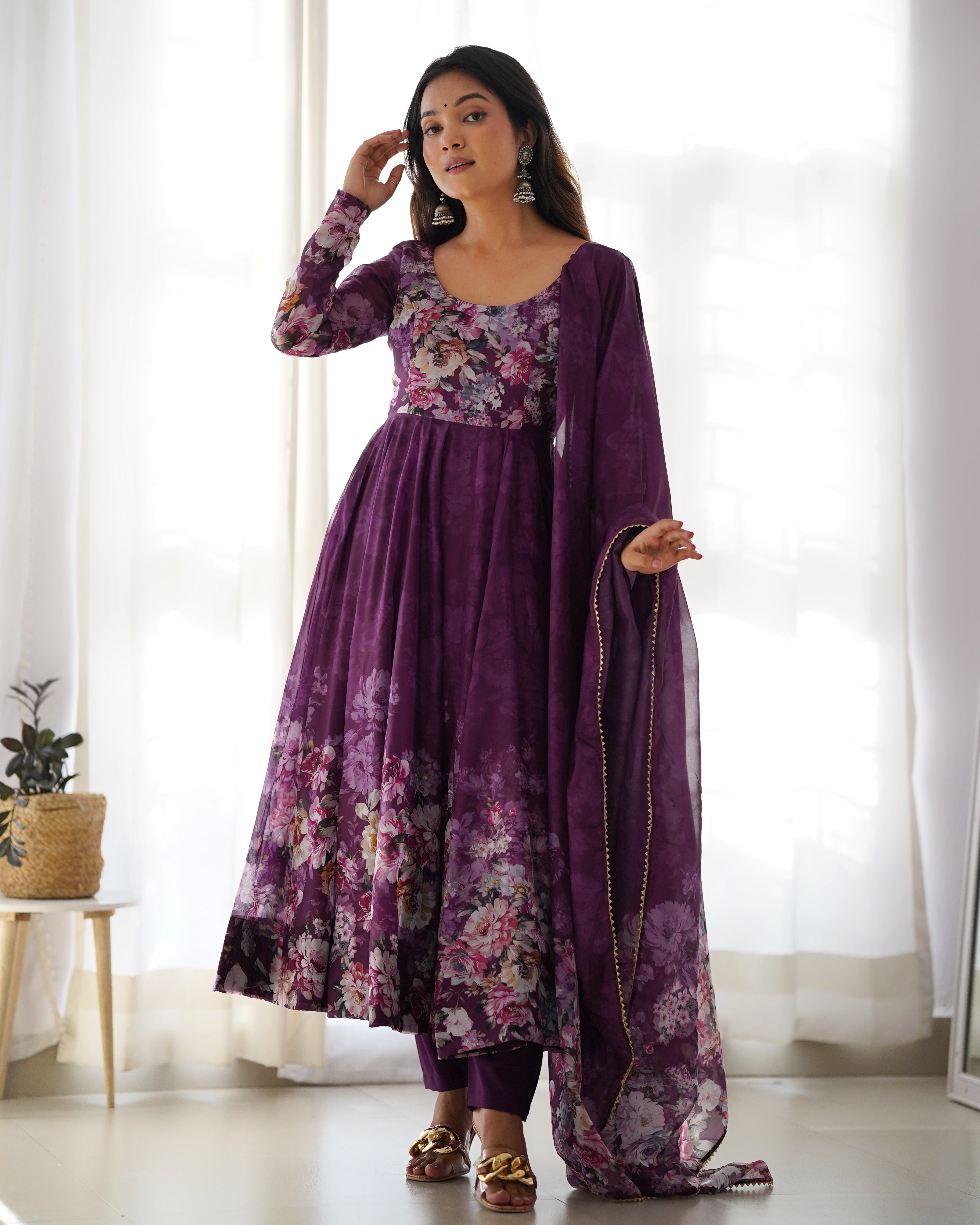 Eloriya Premium Quality Silk Gown Anarkali Suit Set - L(40) | Eloriya India