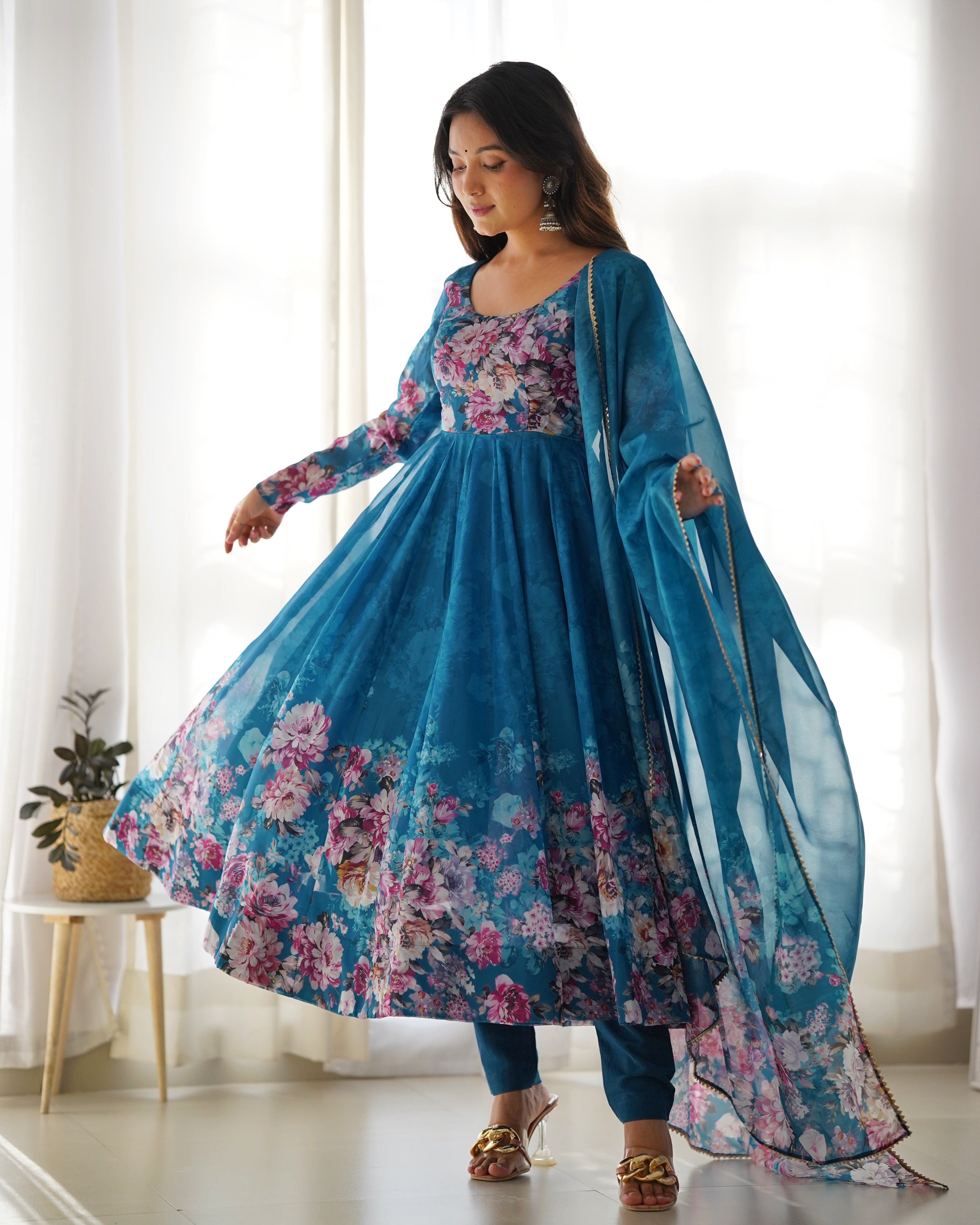 Eloriya Premium Quality Silk Gown Anarkali Suit Set - XS | Eloriya India