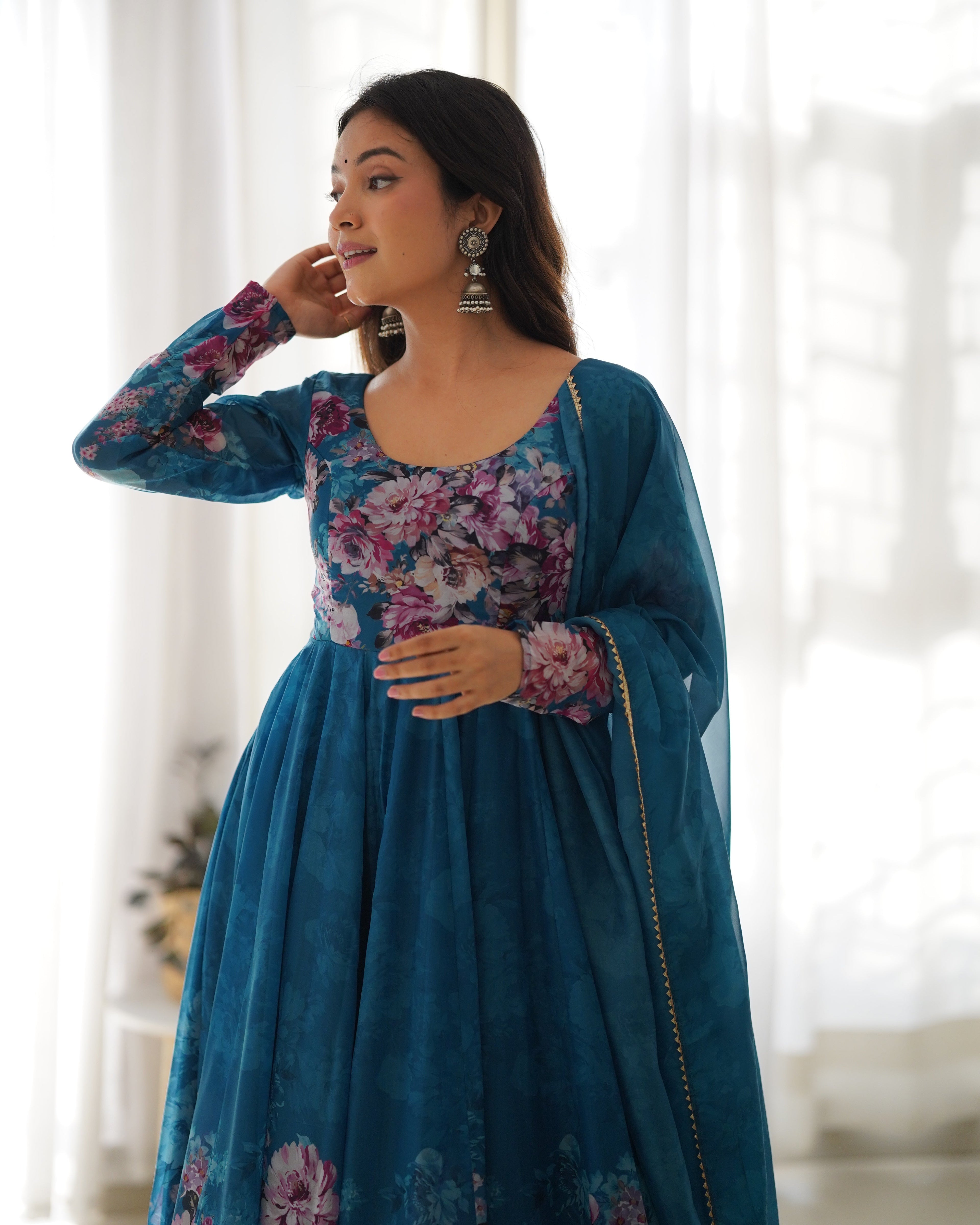 Eloriya Premium Quality Silk Gown Anarkali Suit Set - M(38) | Eloriya India