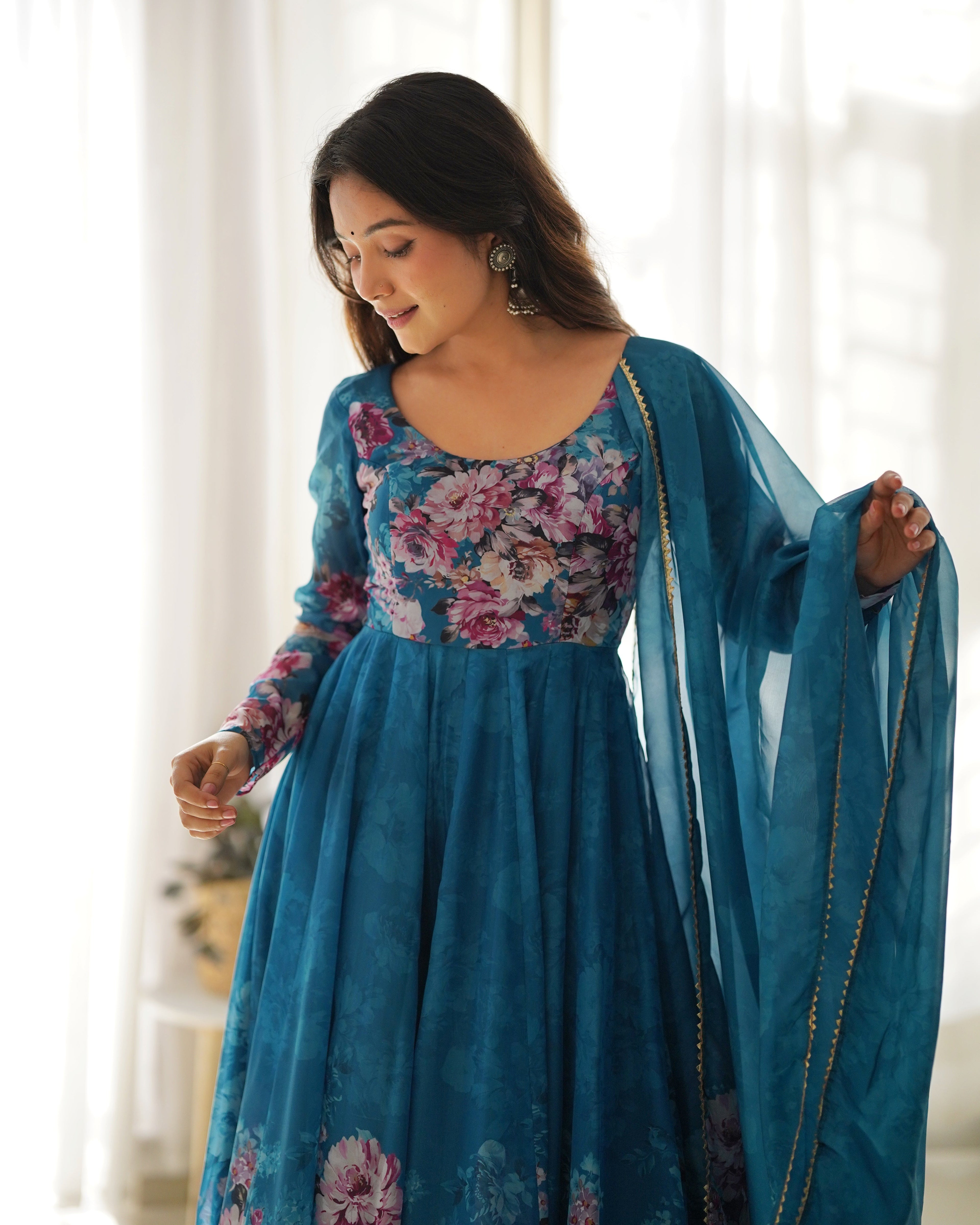 Eloriya Premium Quality Silk Gown Anarkali Suit Set - L(40) | Eloriya India
