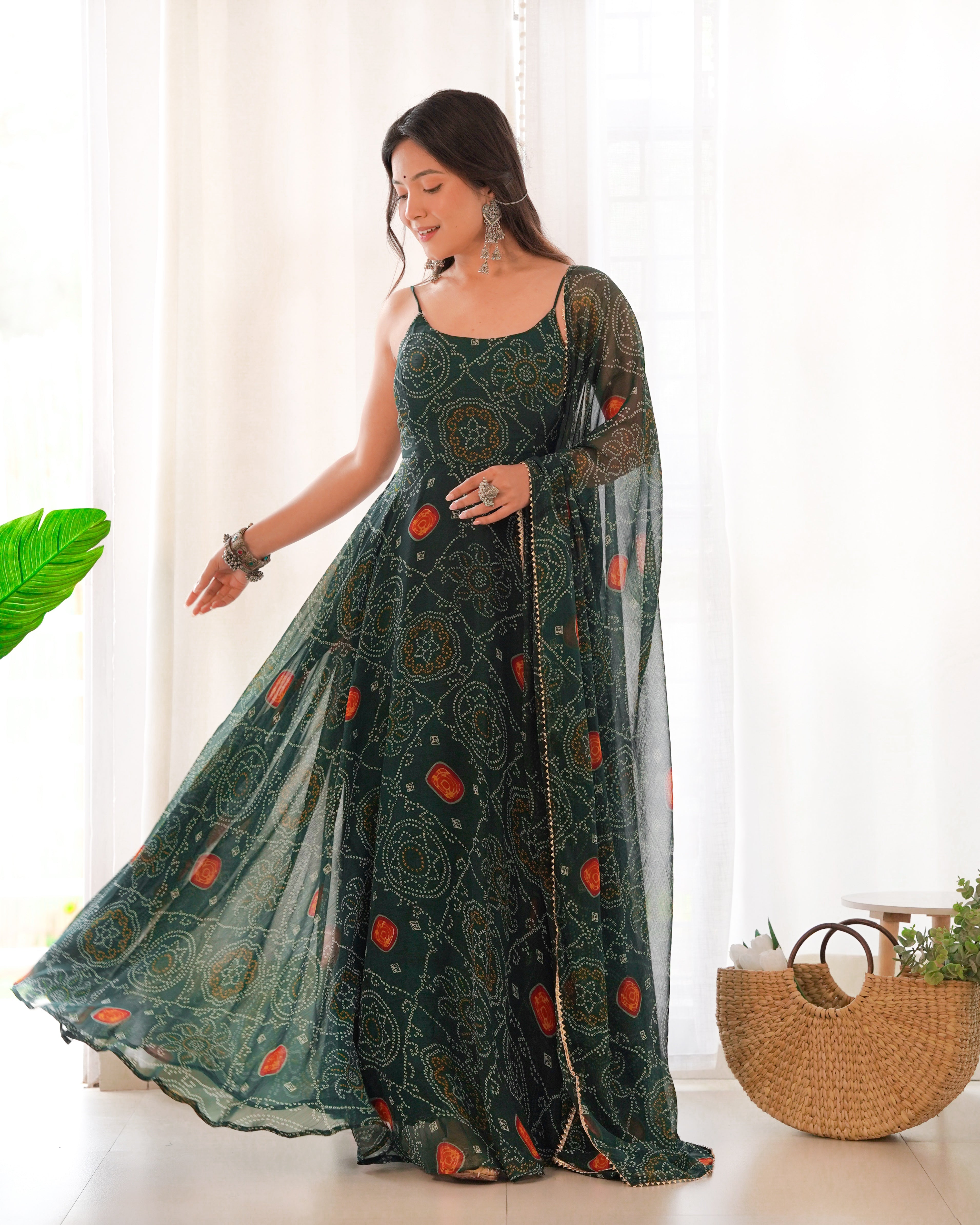 Eloriya Chiffon Green Coloured Anarkali Suit - M | Eloriya India